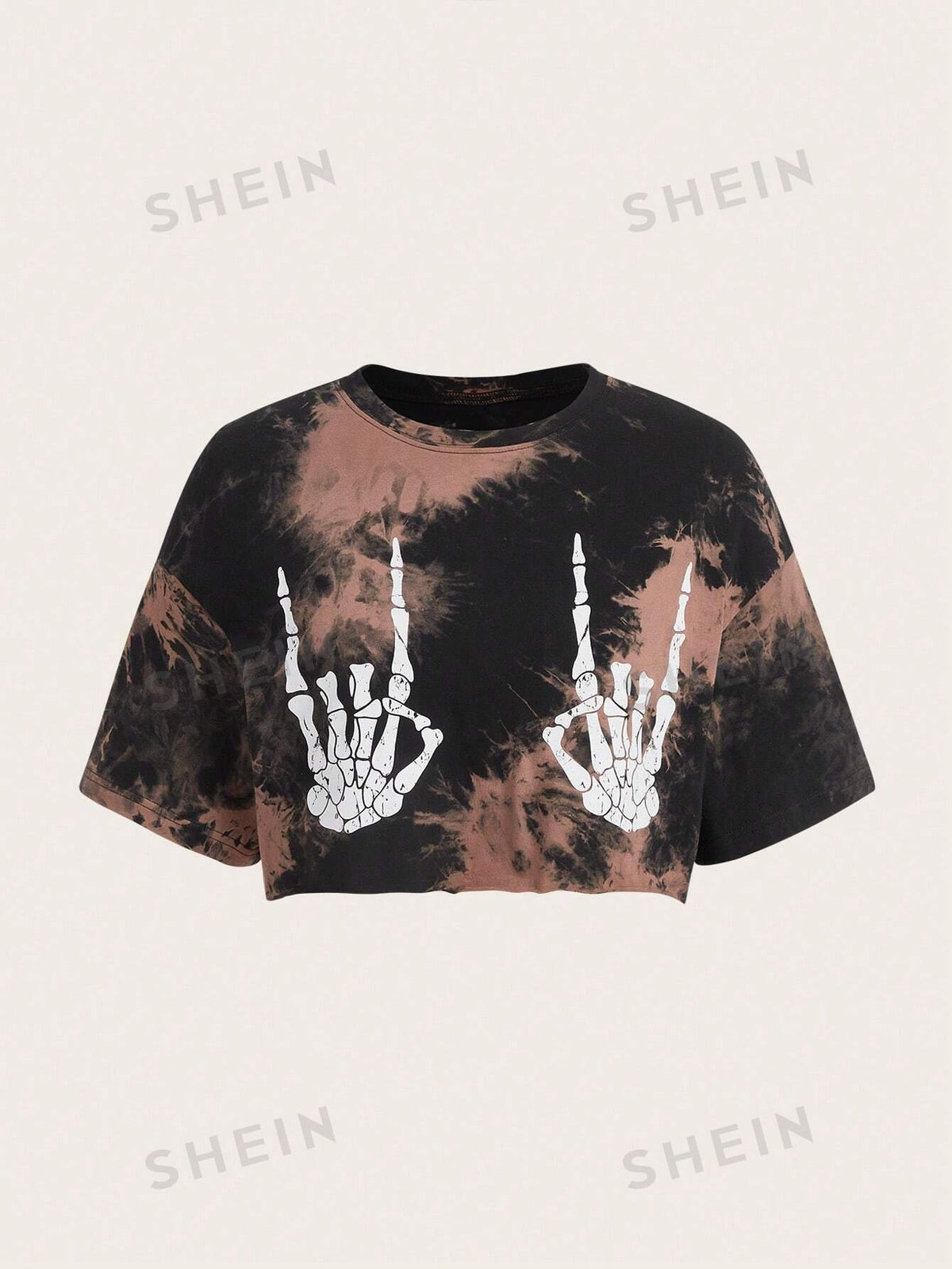 SHEIN EZwear Tie Dye Skeleton Hand Print Drop Shoulder Crop Tee