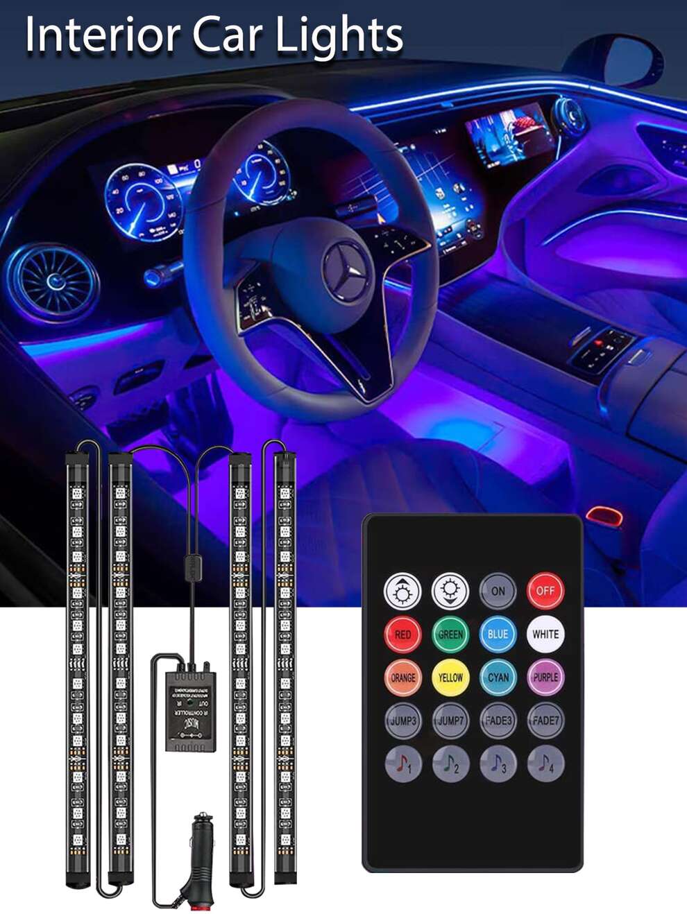 Interior Car Lights, Car Led Lights Interior 48 Led Strip Light For Car With Remote, Music Sync Color Change RGB Under Dash Car Lighting With Car Charger 12V LED Lights For Car (RGB)