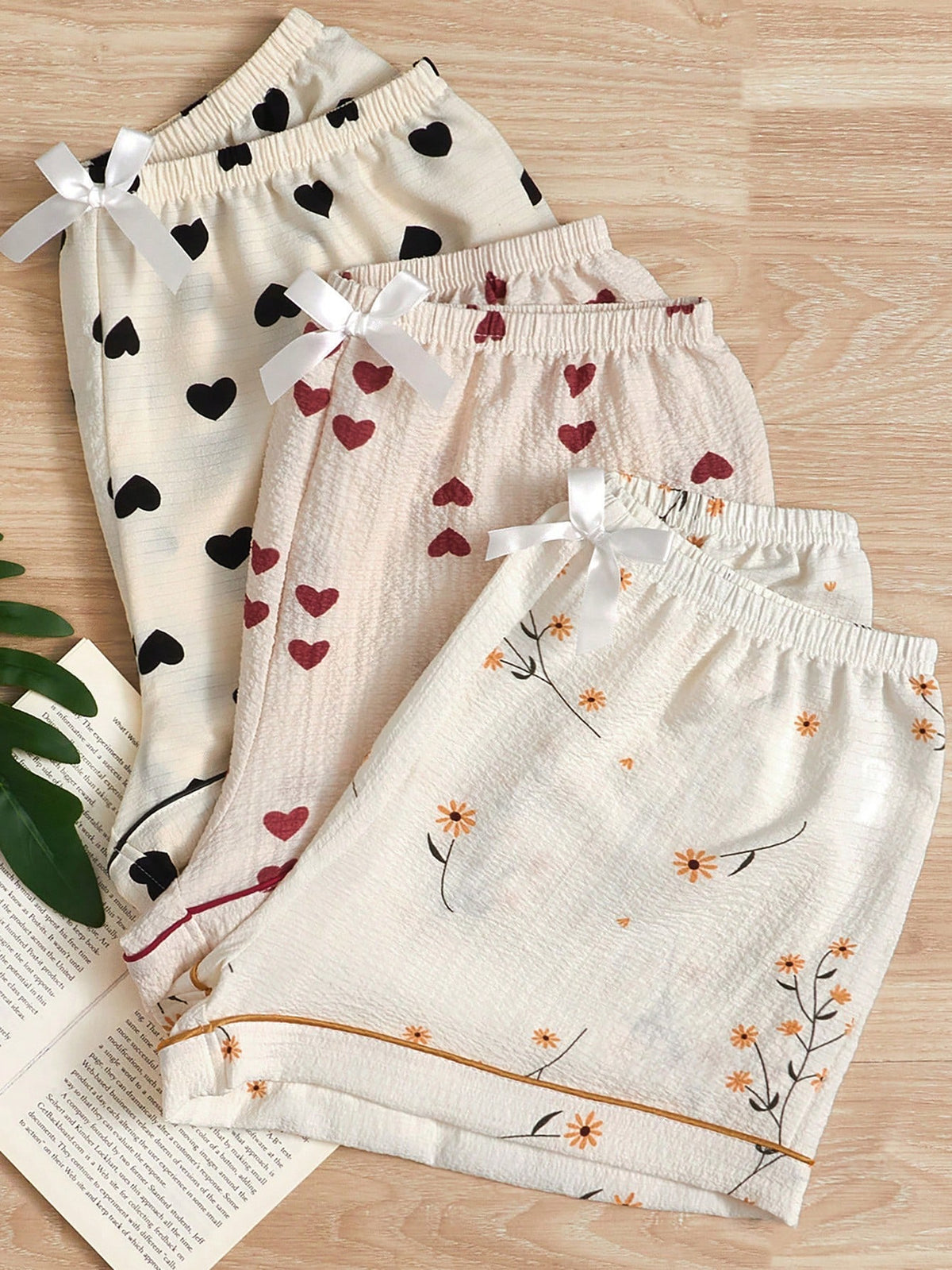 3pcs Floral & Heart Print Bow Front Pajama Sleep Shorts