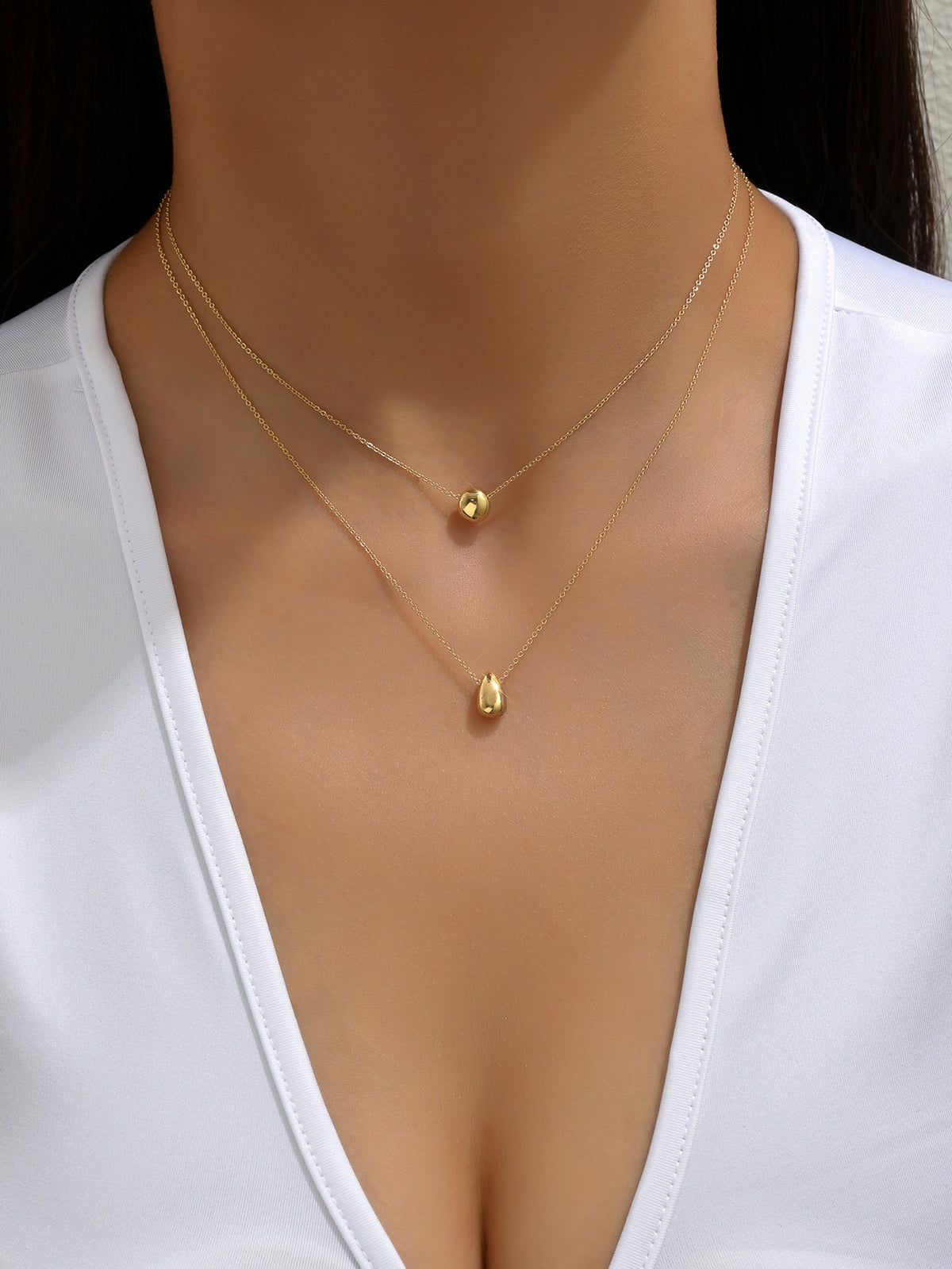 1pc Women's Simple Double-Layer Gold-Color Beaded & Teardrop Pendant Necklace, Suitable For Summer, Party, Dating Events, Gift