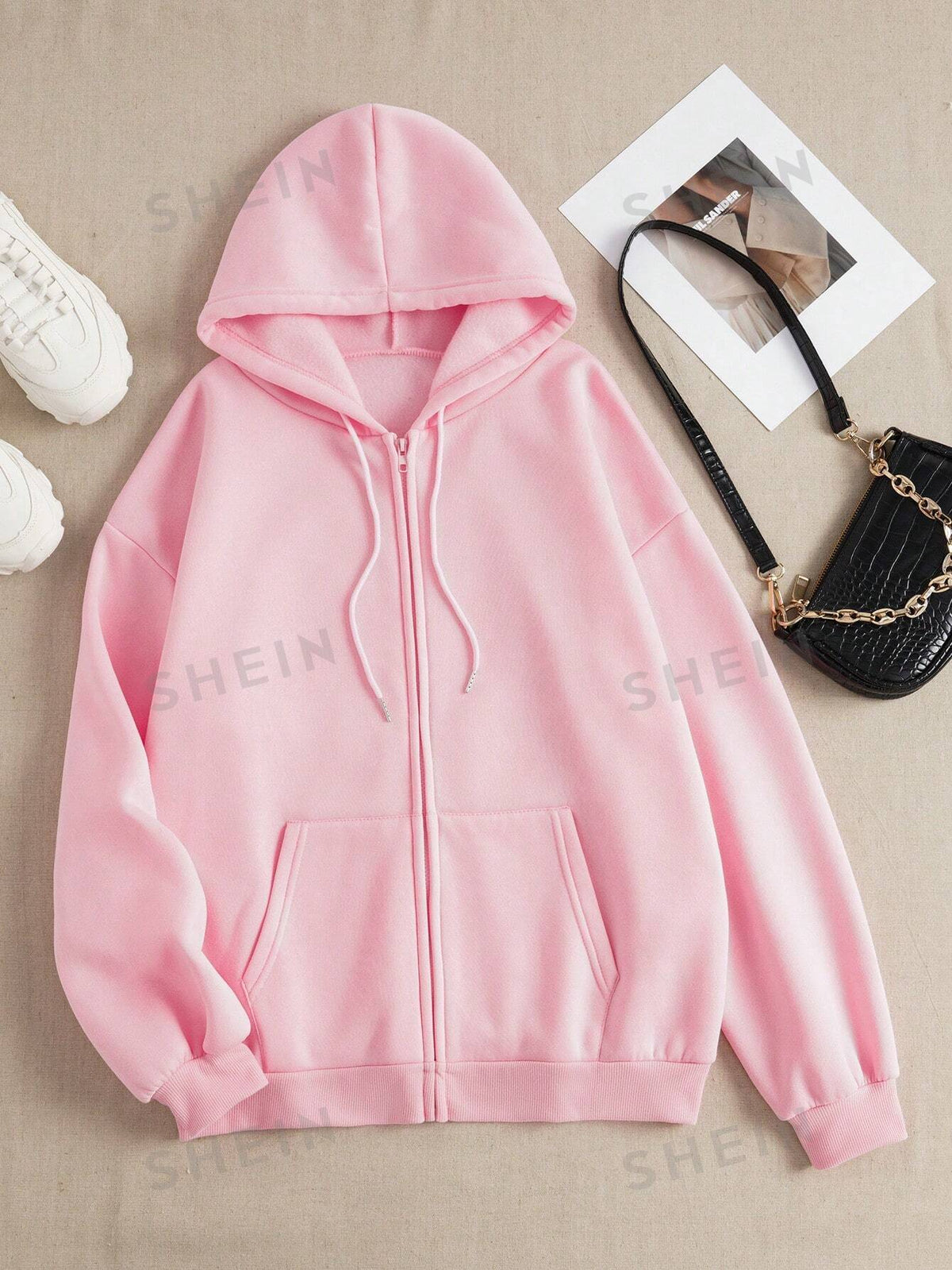 SHEIN EZwear Zip Up Drawstring Thermal Lined Hoodie