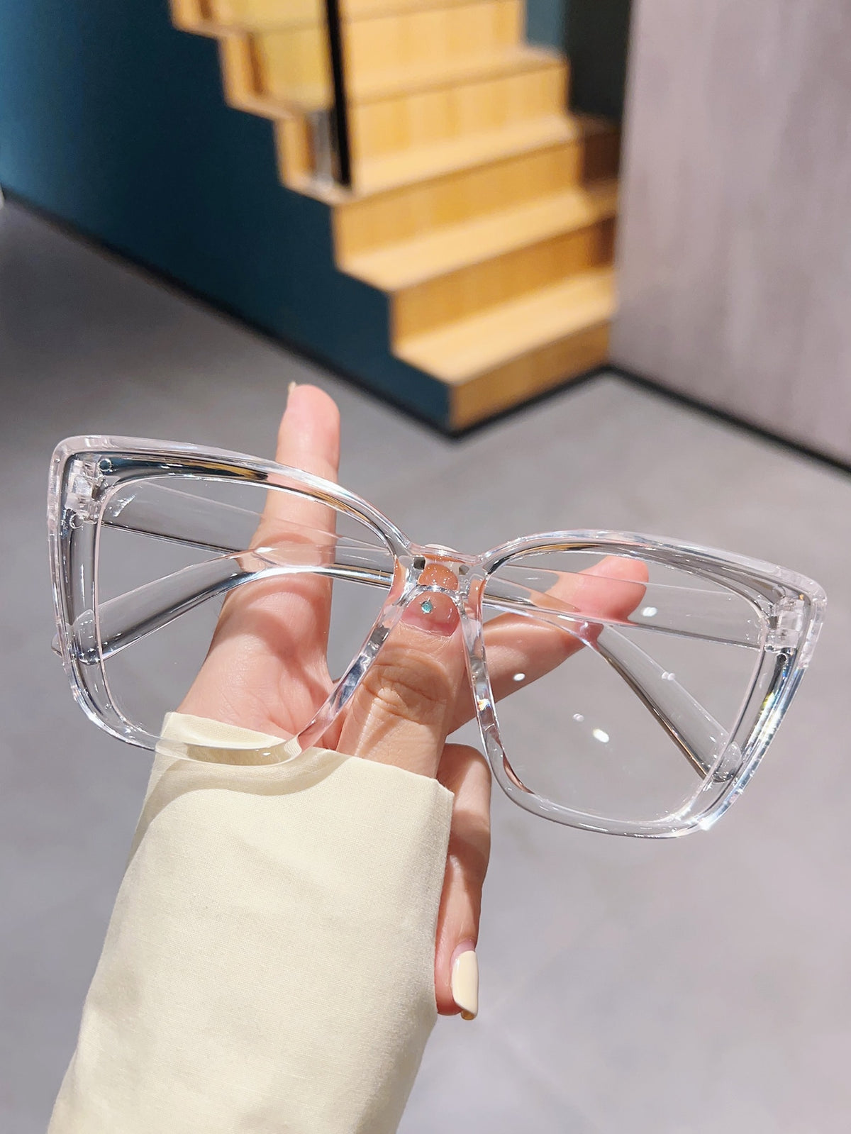 3pcs/Set Square Large Frame Cat Eye Style Anti-Blue Light Clear Lens Glasses, Suitable For Daily Use And No-Makeup-Look Clear Glasses Accessories