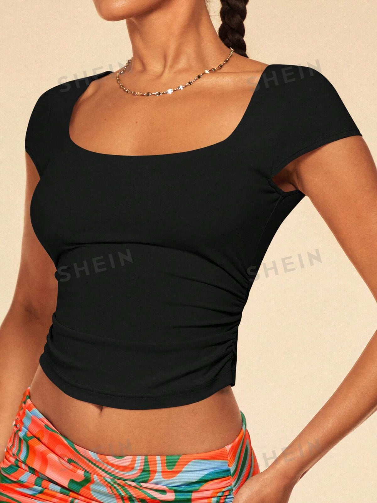 SHEIN BAE Square Neck Ruched Side Crop Tee