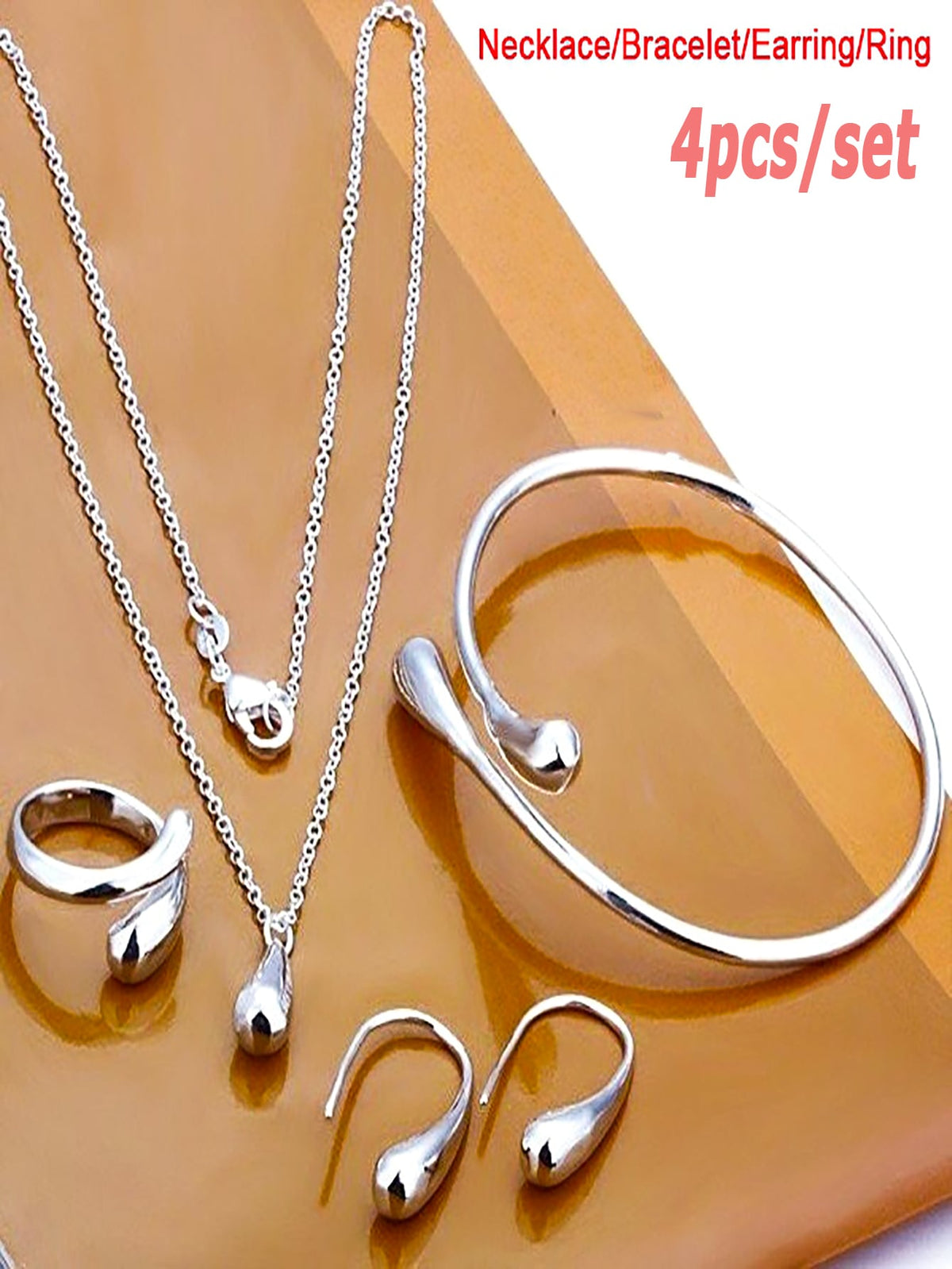 4Pcs/Set Fashion Simple Water Drop Jewelry Ring Earrings Necklace Bracelet Set Of Four Stainless Steel Jewelry