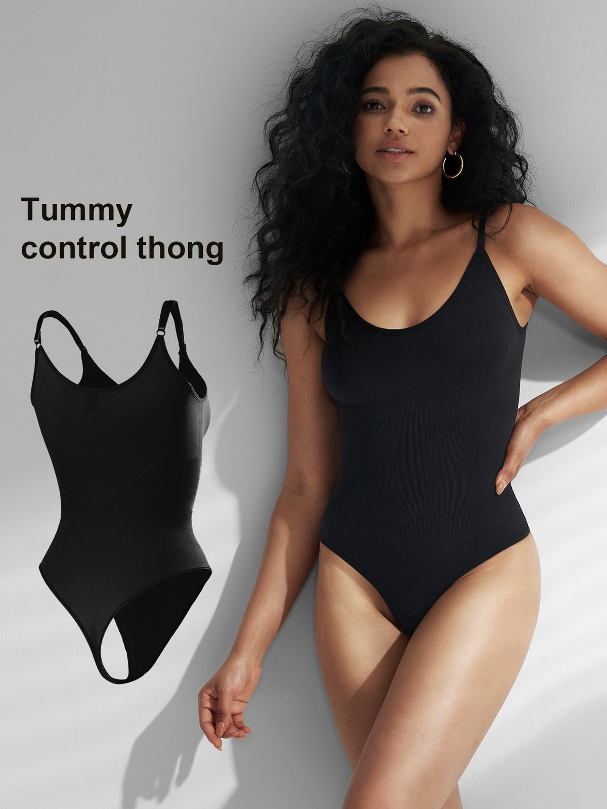 1pc Women's Seamless Tummy Control Bodysuit With Thong, Black