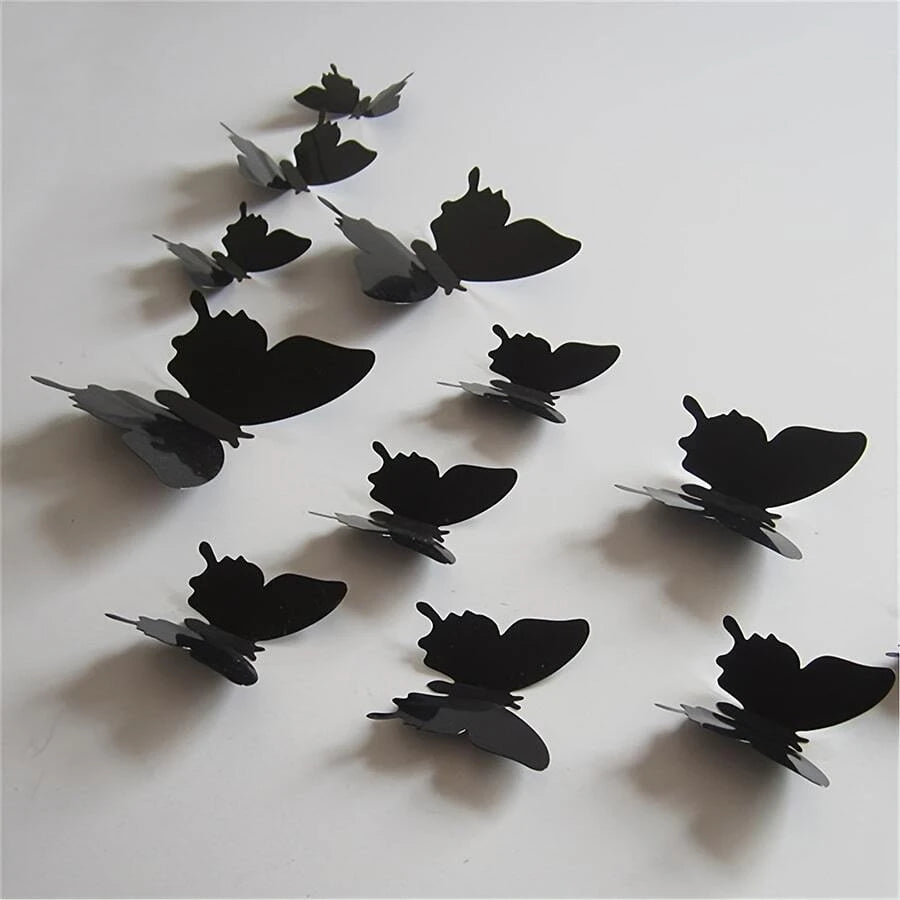 12pcs 3d Black Butterfly Shaped Wall Stickers, Festive Living Room Decoration