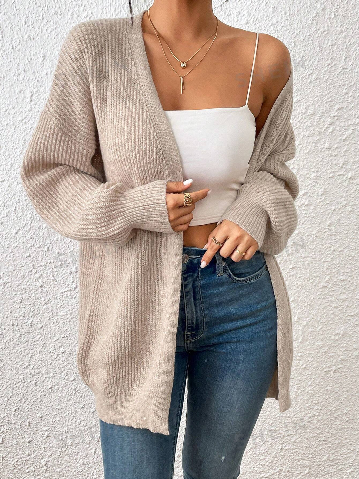 SHEIN Essnce Solid Color Ribbed Knit Cardigan