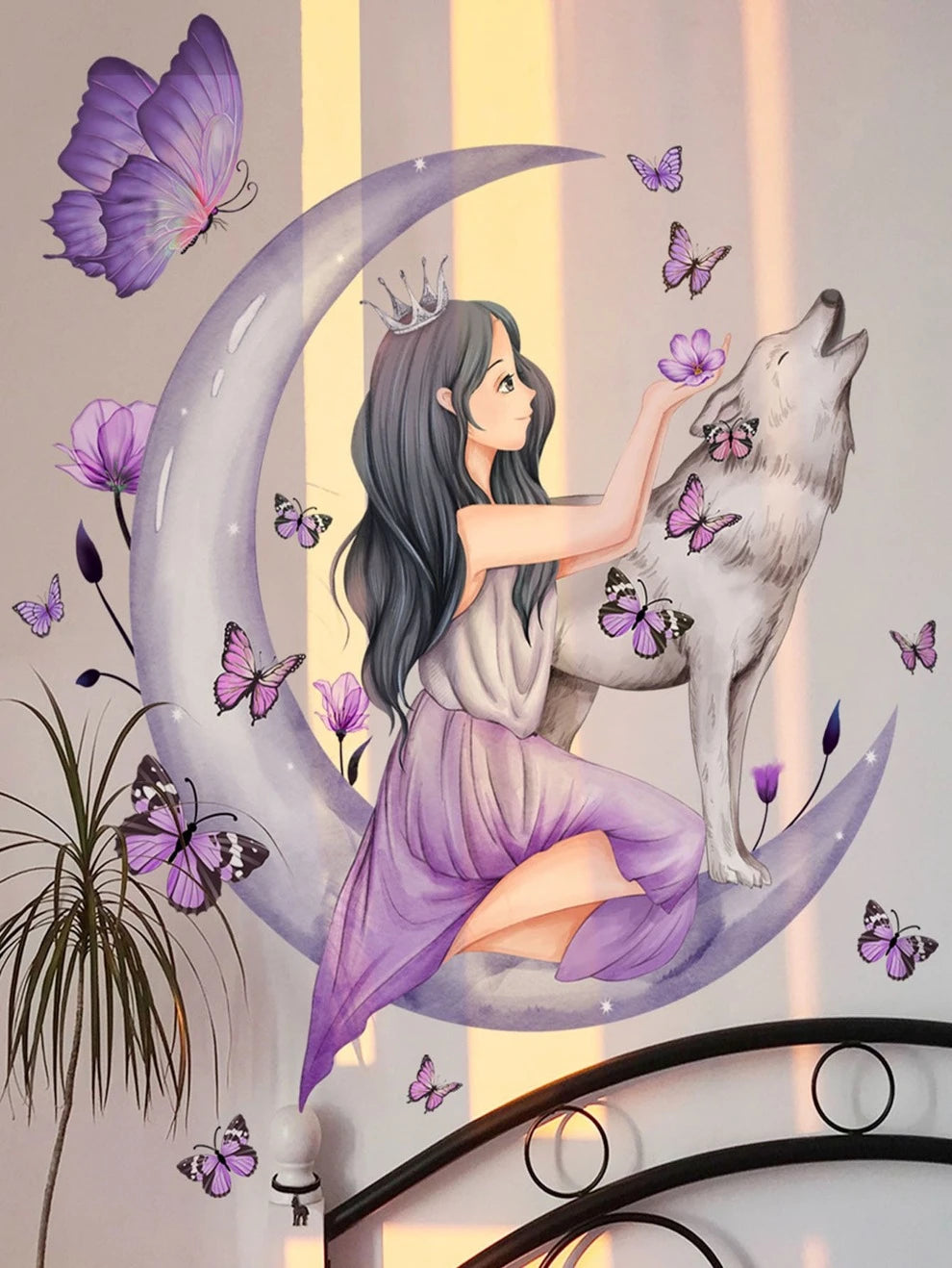 2pcs Purple Girl Butterfly Moon Wolf Wall Sticker For Children's Room Bedroom Decor