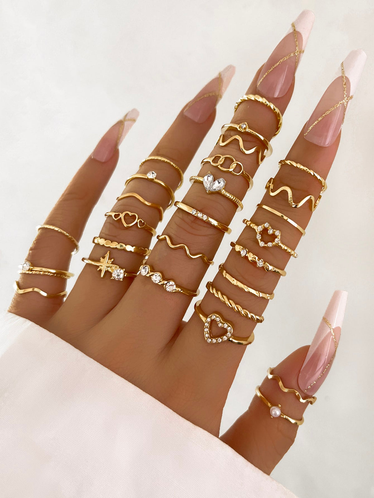 22pcs Heart Shaped Fashionable Rings, Minimalist Diamond Inlay Bohemian Geometric Ring Set