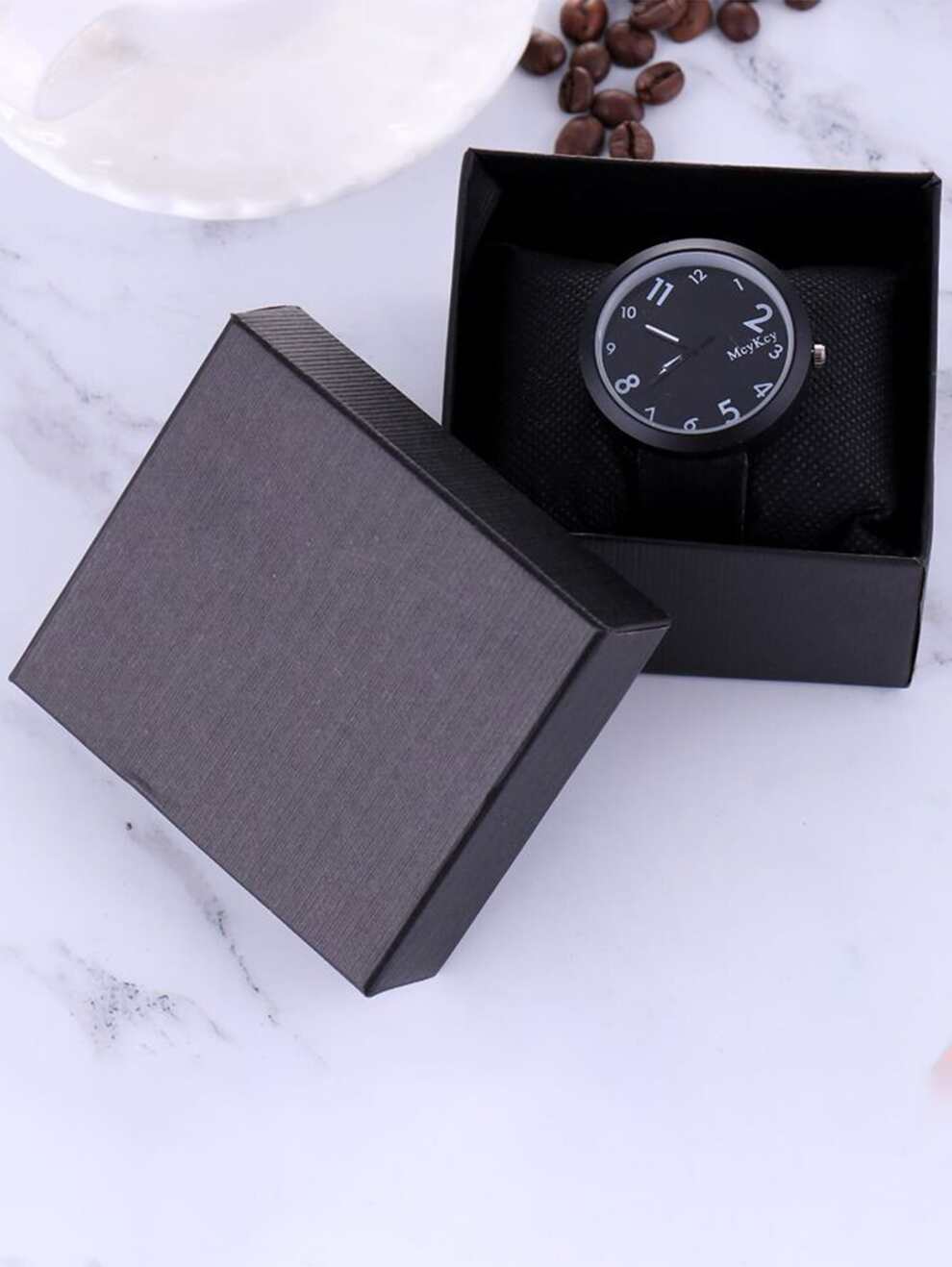 Black Faux Leather Watch Packaging Box With Square Shape