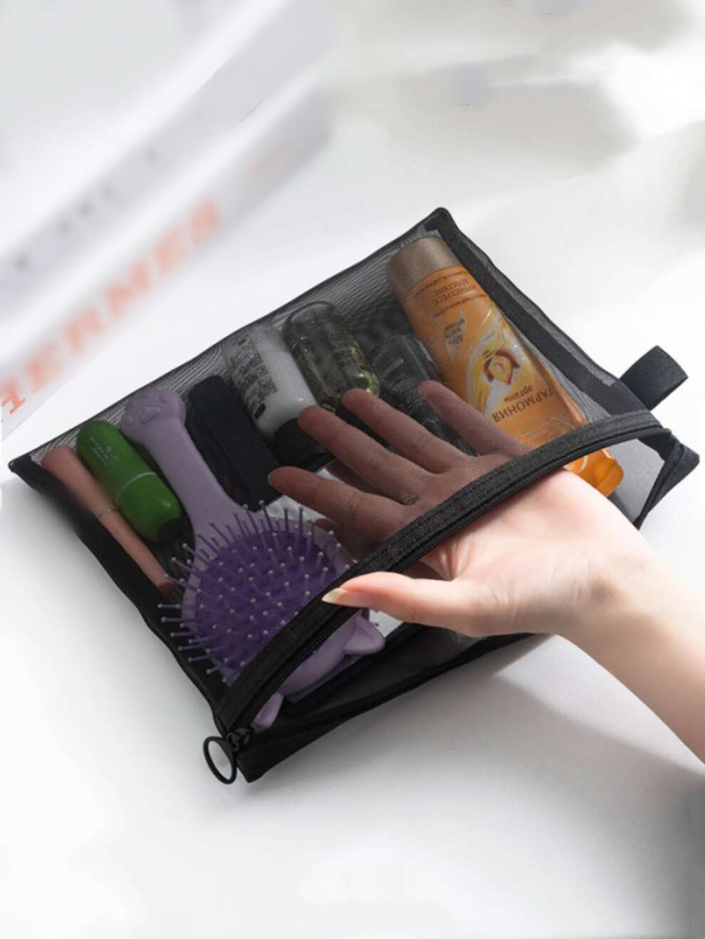 1pc Transparent Mesh Cosmetic Storage Bag, Portable And Simple Toiletry Bag For Travel