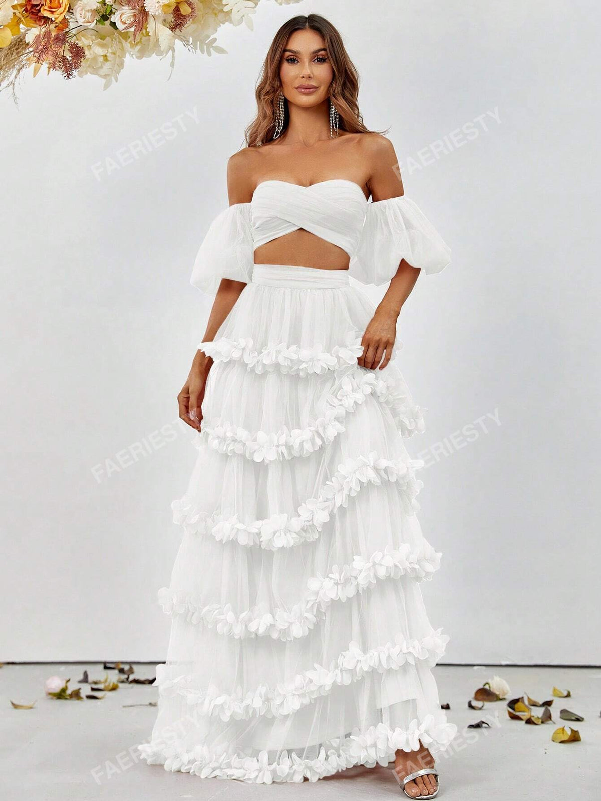 Off Shoulder Top And Layered Mesh Patchwork Skirt Elegant Party 2pcs Outfit Set