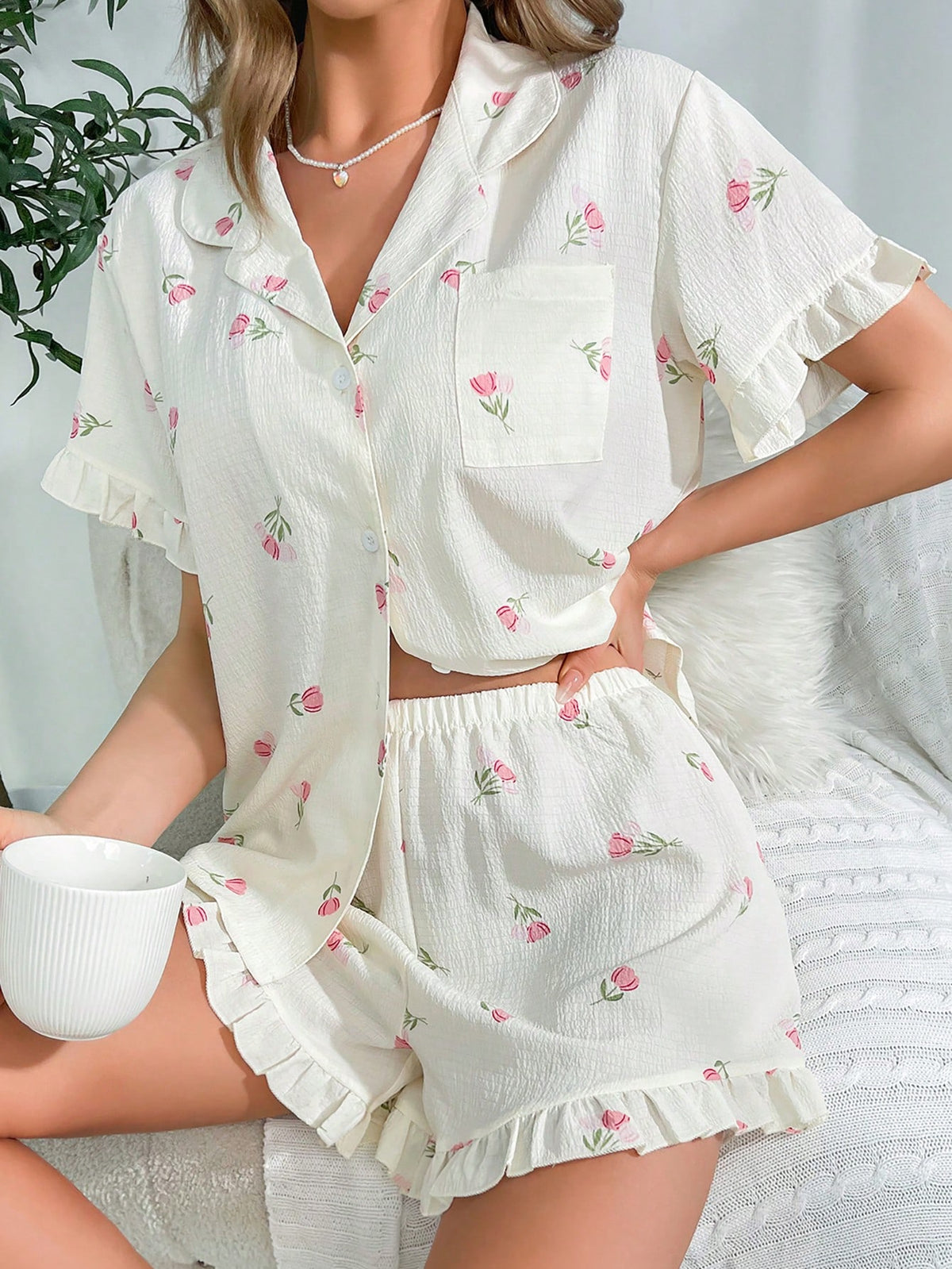 Shein CottageSlumber Floral Print Ruffle Trim PJ Set / Pajama Set