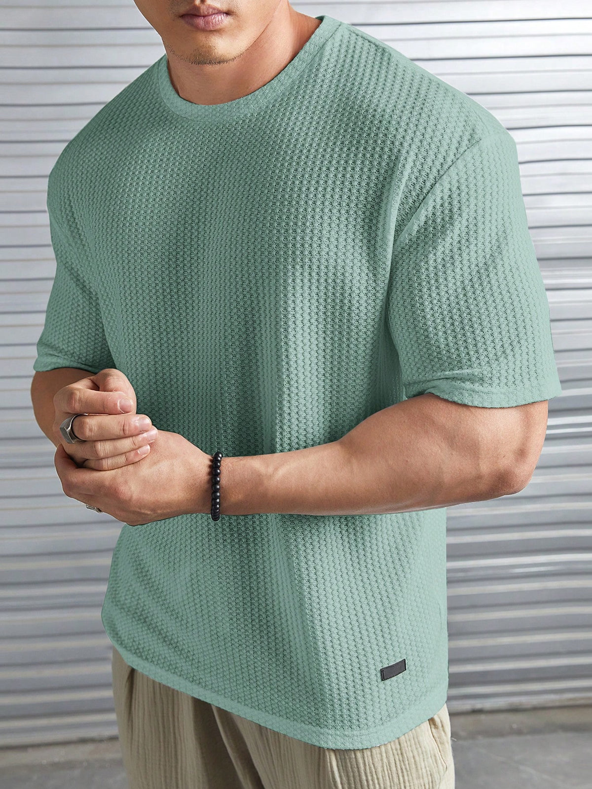 Manfinity Homme Loose-Fit Men's Solid Color Waffle Knit T-Shirt