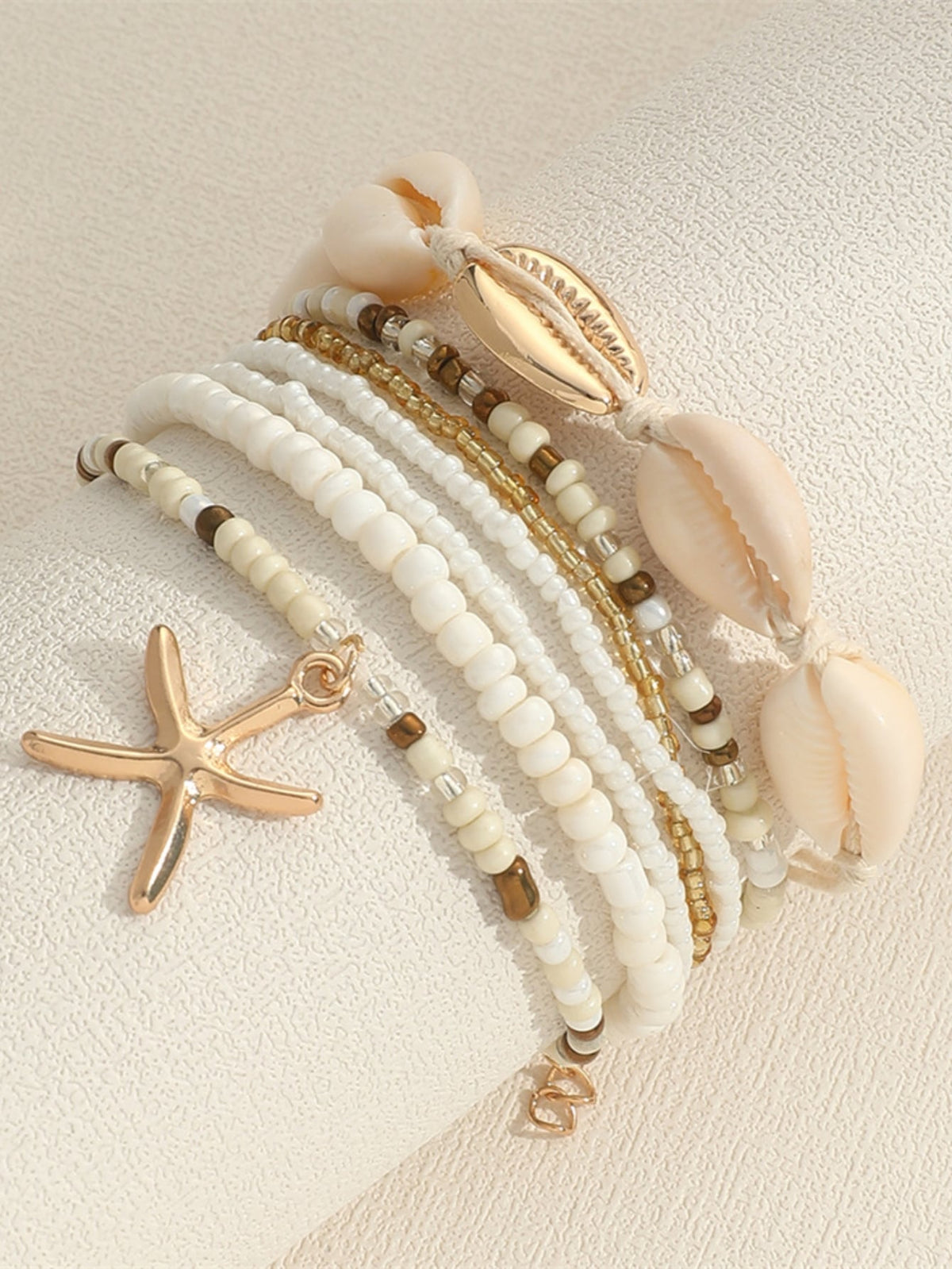 7pcs Bohemian Style Shell & Rice Bead Bracelets With Starfish Pendant, Women's Bracelet Set (Random Rice Bead Colors)