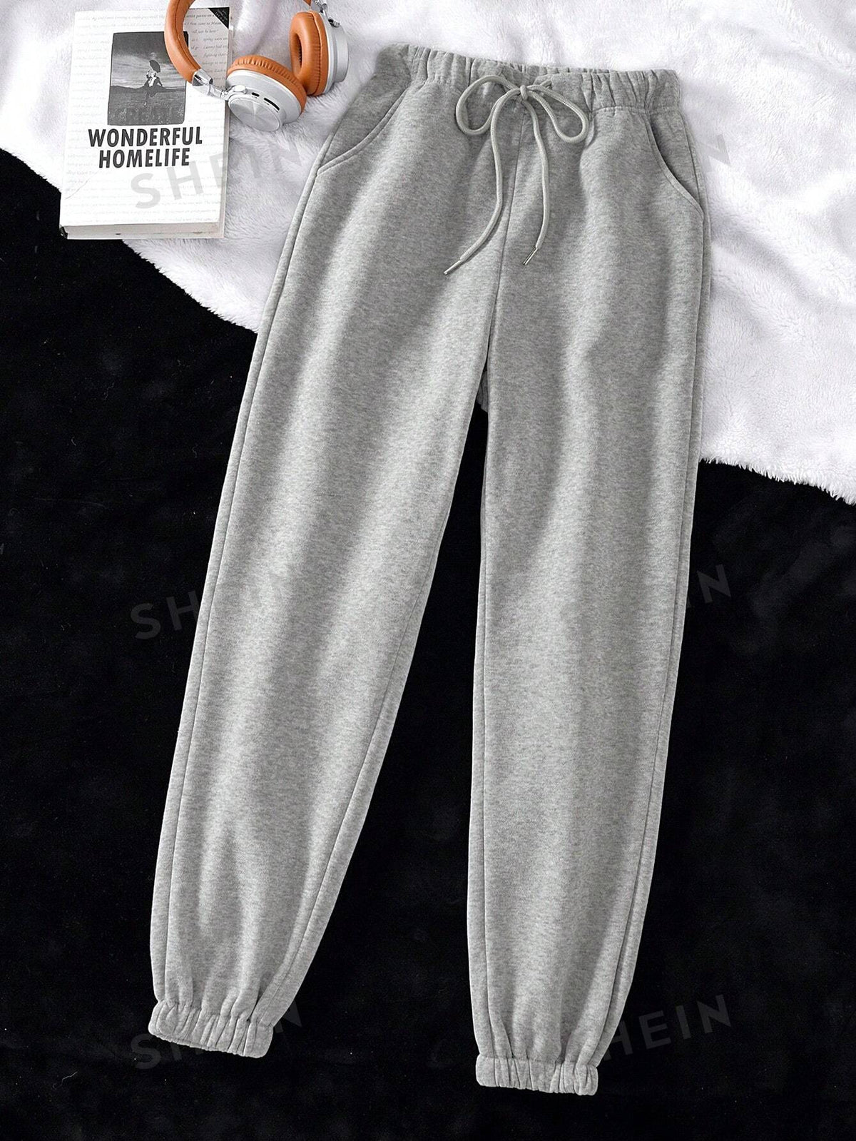 SHEIN Essnce Solid Drawstring Waist Thermal Lined Sweatpants