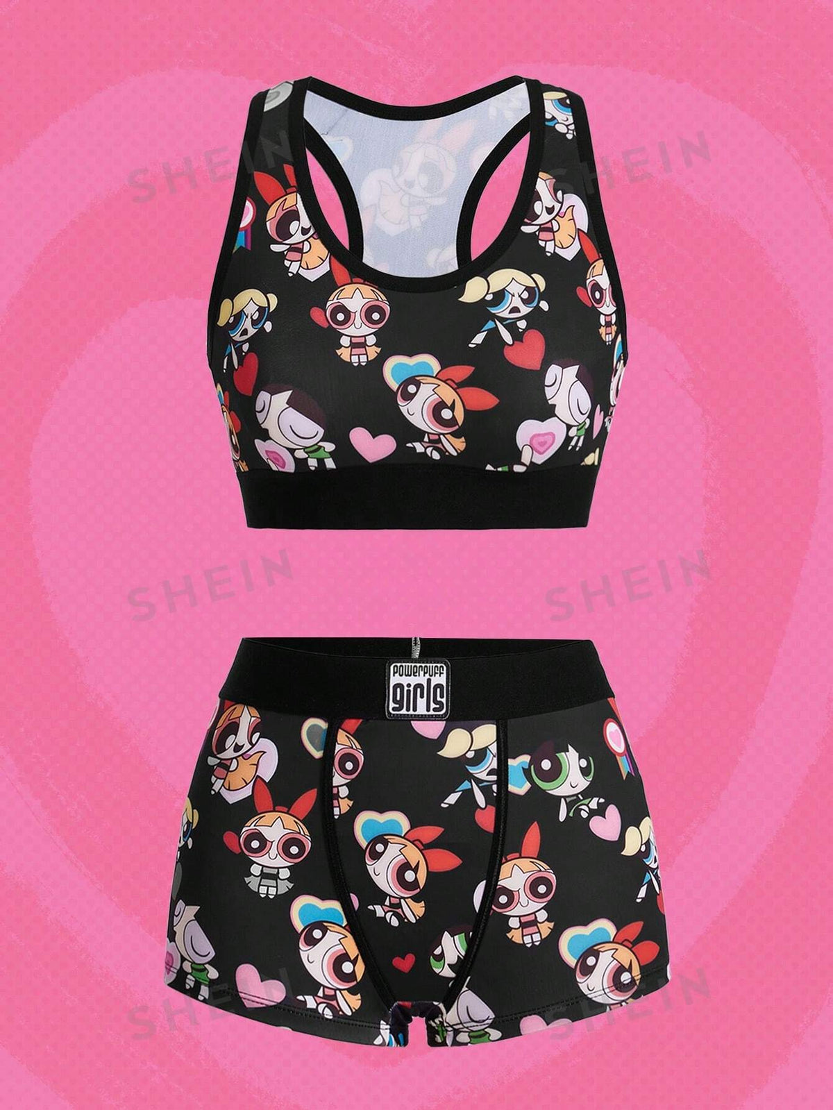 The Powerpuff Girls | ROMWE Allover Print Contrast Binding Lingerie Set