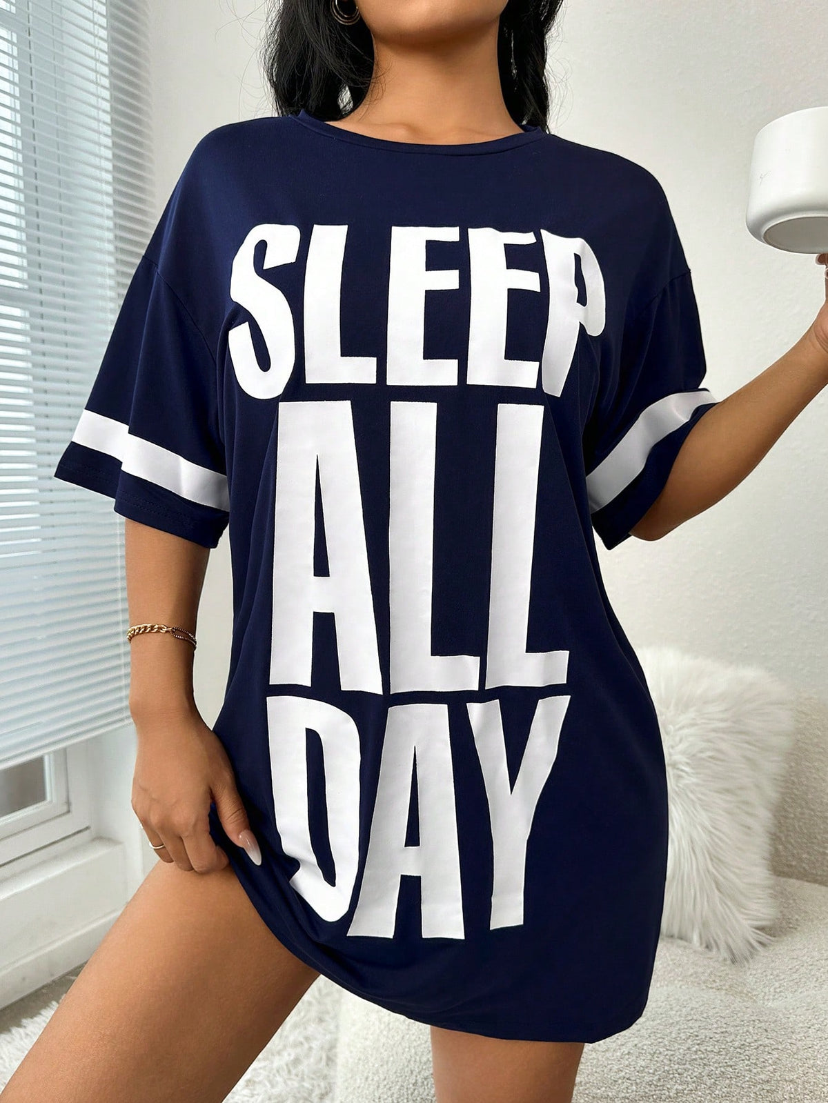 Slogan Graphic Drop Shoulder Pajama Nightdress