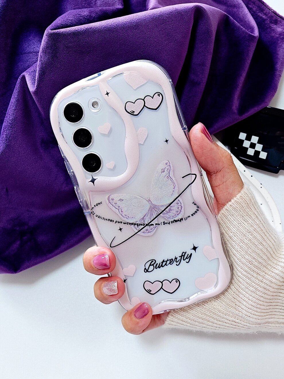 1pc Creative And Cute Gradient Pink Butterfly Heart Simple Transparent 3D Wavy Edged Phone Case With Full Protection, Compatible With Samsung S24/S23/S22/S21/A02/A03/A04/A05/A10S/A20S/A21S/A11/A12/A13