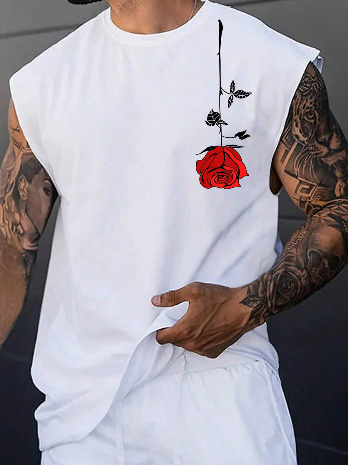 Manfinity RSRT Men's Casual Simple Rose Flower Pattern Tank Top Suitable For Summer , Sleeveless Graphic Plain All White Vacation Fashion Boyfriend Gift