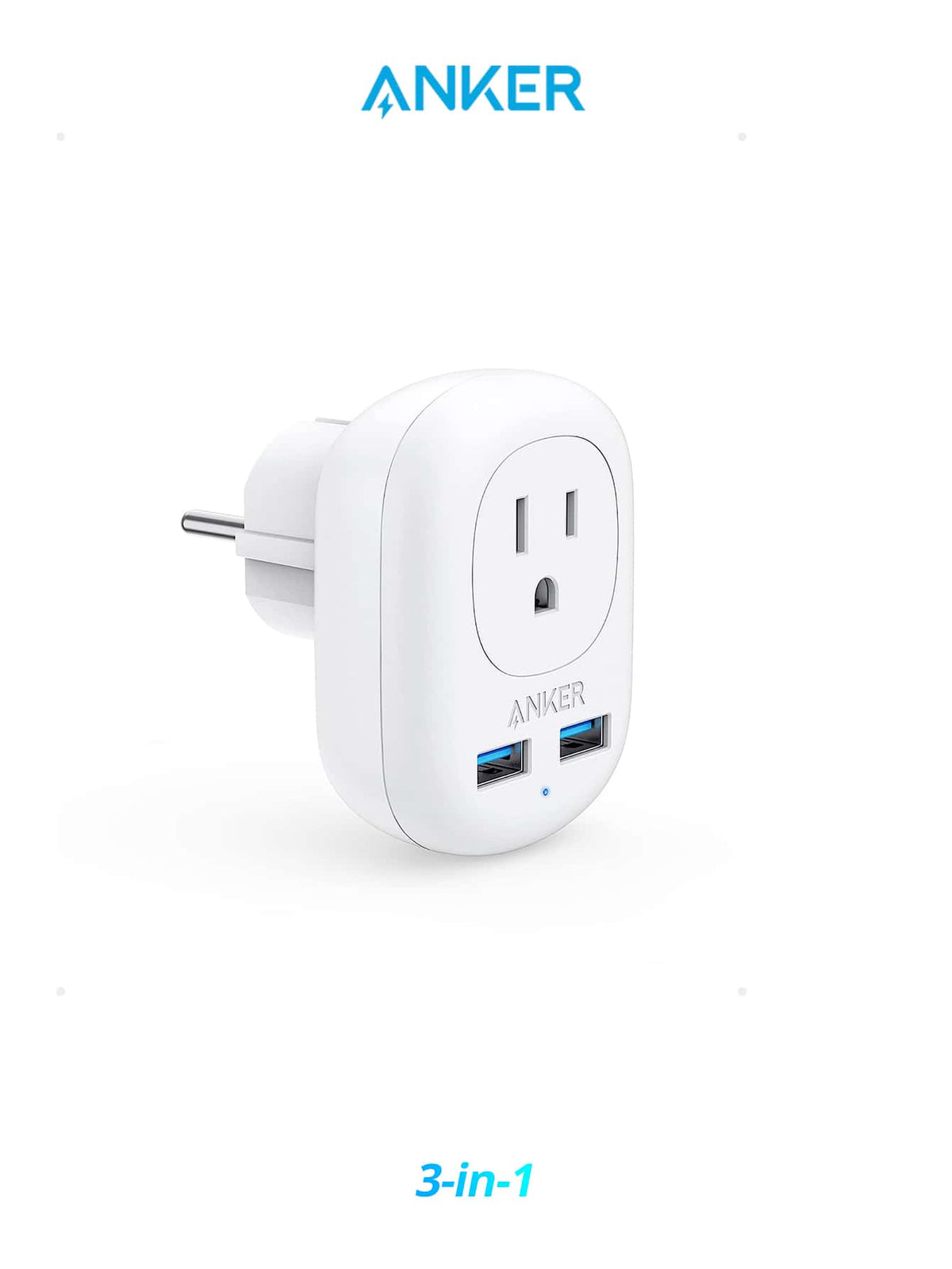 Anker European Travel, PowerExtend USB Plug International Power Adapter with 2 USB Ports and 1 Outlet, US to Most of Europe EU Spain Iceland Italy France Germany, Compact for Travel, Office