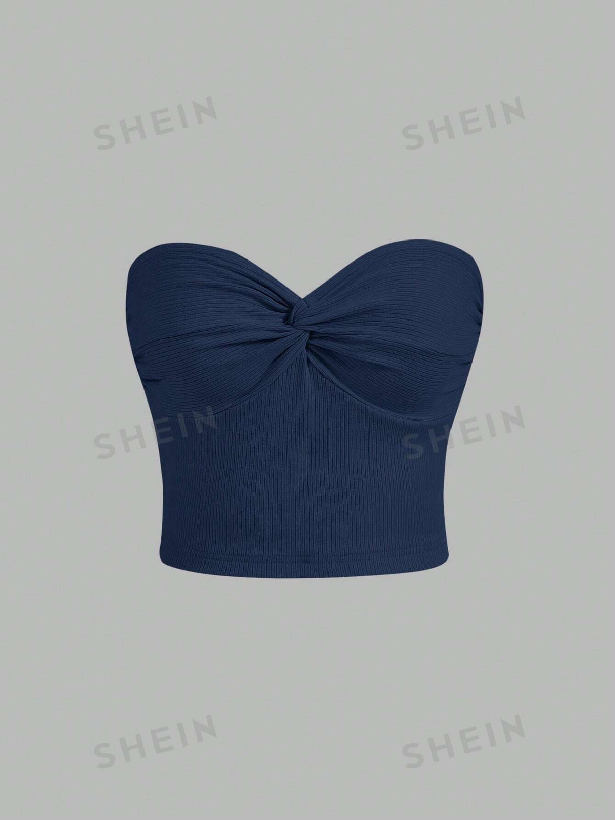 SHEIN MOD Twist Front Ribbed Knit Tube Blue Tube Top Cropped Top