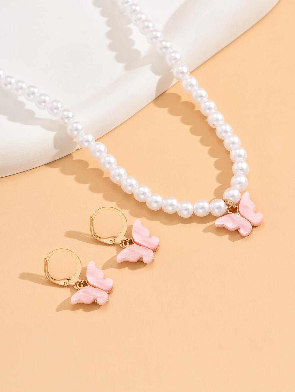 3pcs/Set Simple And Fresh Style Imitation Faux Pearl & Pink Butterfly Shaped Jewelry Set Suitable For Women