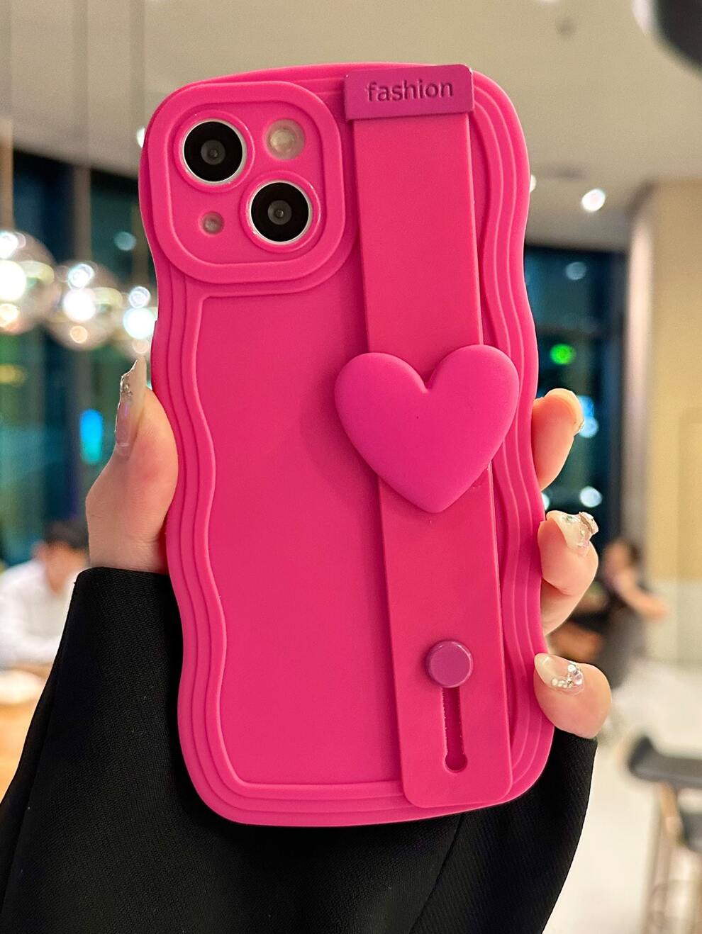 Pink Neon Plain Phone Case With Heart Decor Wristband Holder