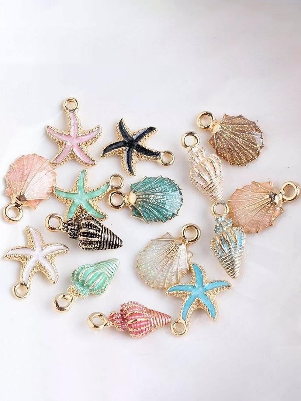 15pcs/Set Oil Drip Shell & Conch & Starfish Shaped Jewelry Pendant For Diy Necklace Bracelet Making Holiday