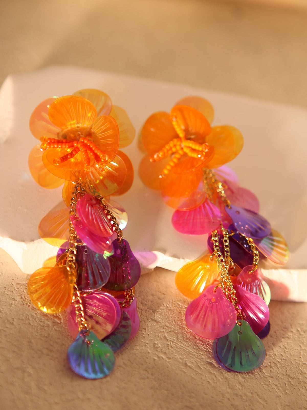 Colorful hot pink shell sequin beaded flower drop earrings statement earrings for girl and women gift for her summer beach