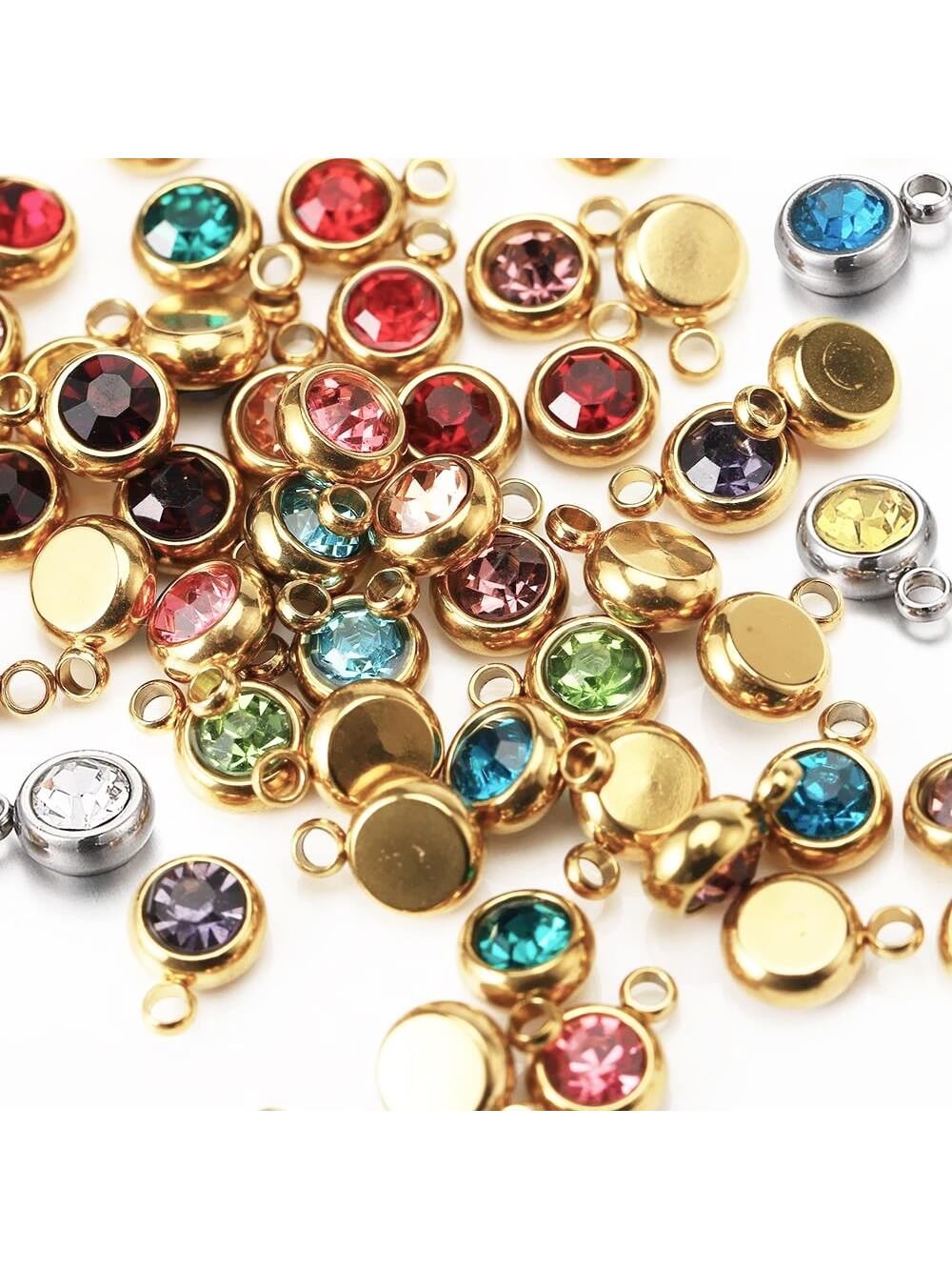 5pcs/10pcs Stainless Steel Plated Gold Colorful Rhinestones Decor Gemstone Charms Round Beads Birthstone Pendants For Diy Necklace/Bracelet/Key Chains Decoration Jewelry Findings Making