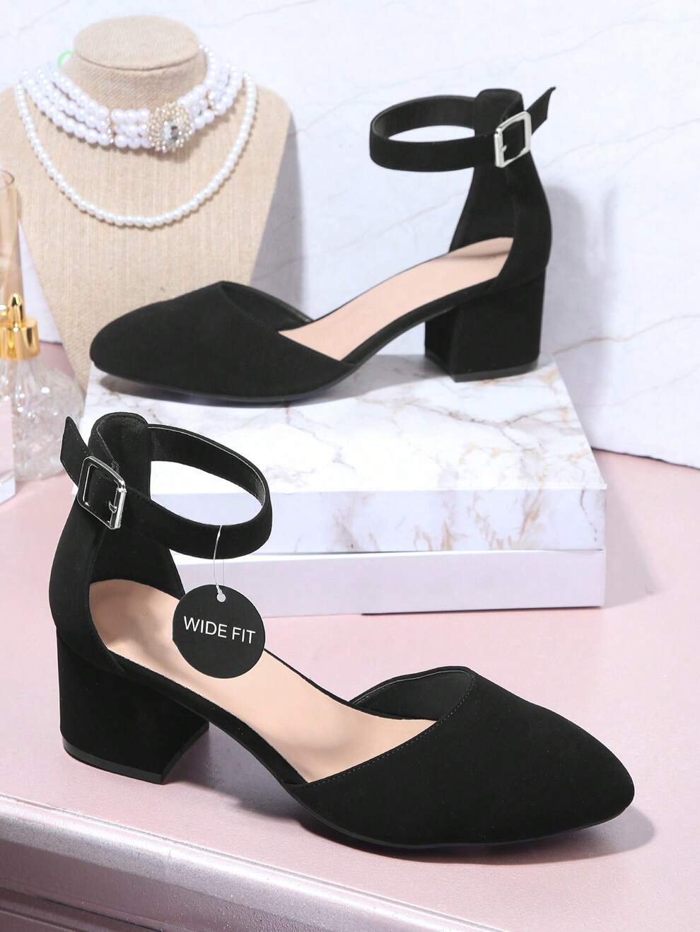 SHUZIA Chunky Heeled Ankle Strap Faux Suede Wide Fit Pumps