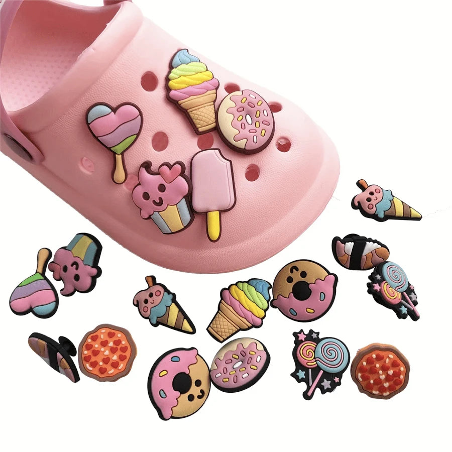 10pcs/Set Pink Cream And Doughnut Shaped Pvc Decorations For Women's Sandals And Garden Shoes; 10pcs/ Set Random Bohemia Style Peace & Love Themed Shoe Decorations (Random Colors), Suitable For Gifts,