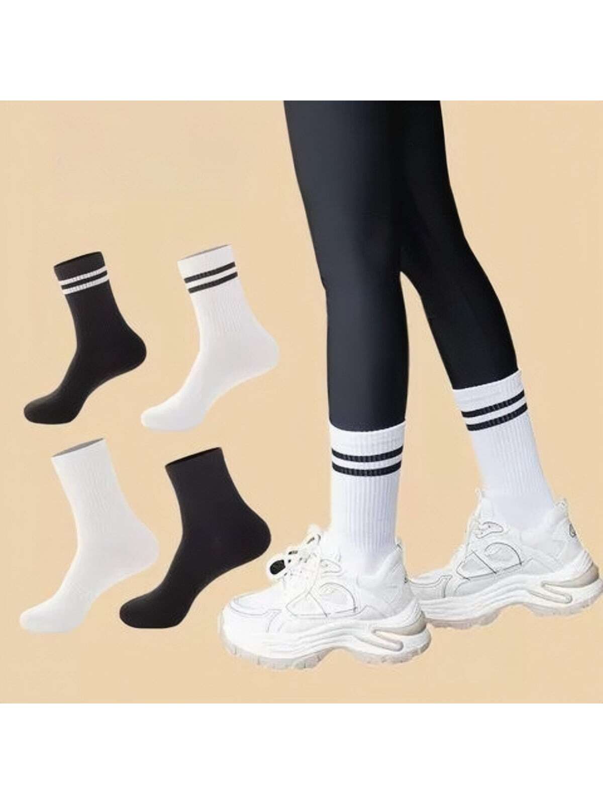 4pairs/set Women's Striped Casual Sports Breathable Mid-calf Socks