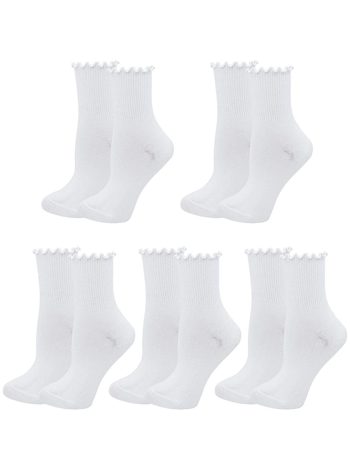 5 Pairs Women White Novelty Cute Ruffled Frilly Ankle Crew Socks