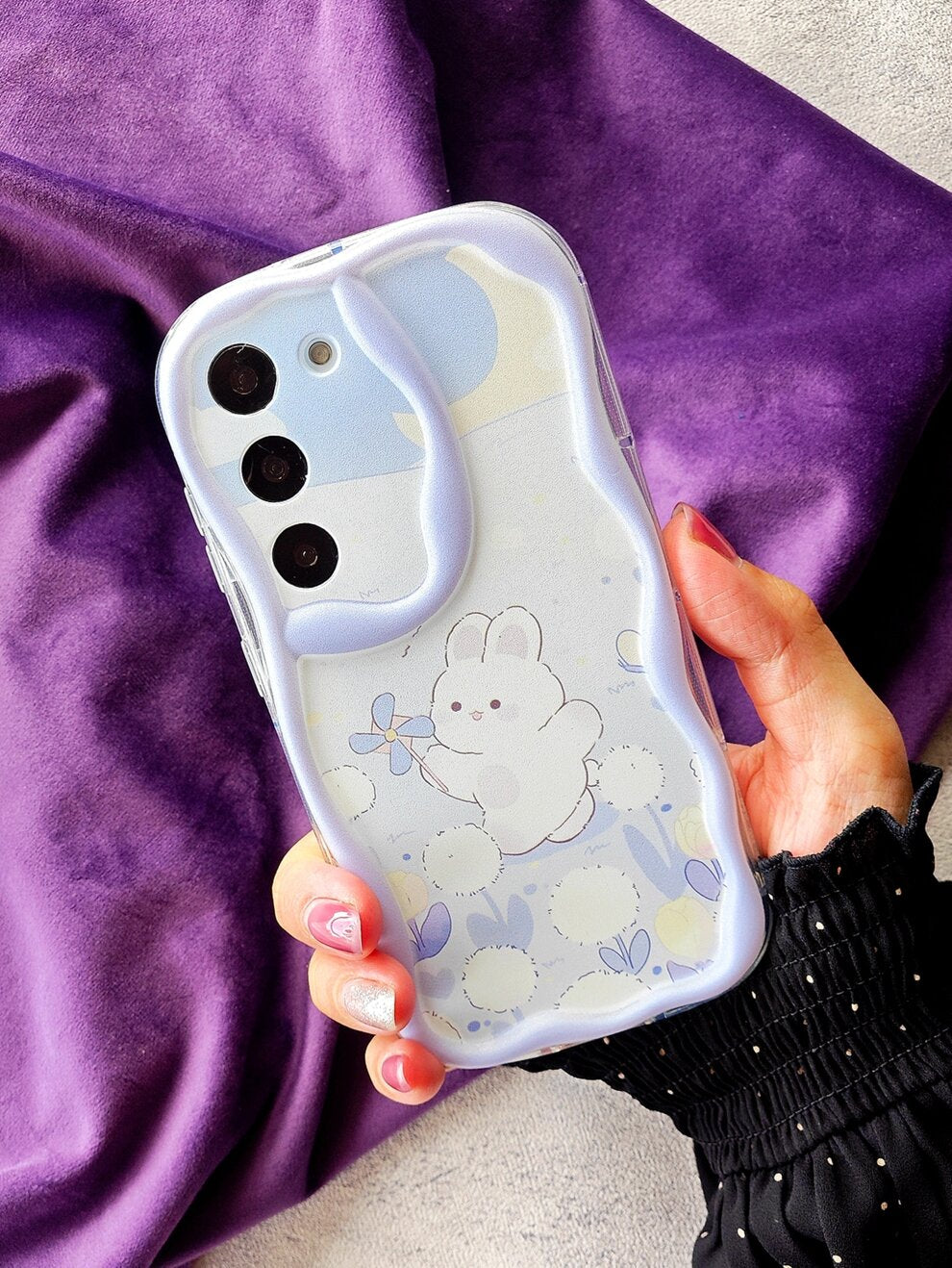 1pc Gradient Blue Rabbit & Windmill & Nature & Moon Design Clear Protective Phone Case With 3d Wavy Edge, Compatible With Samsung S24/S23/S22/S21/A02/A03/A04/A05/A10s/A20s/A21s/A11/A12/A13/A14/A15/A22