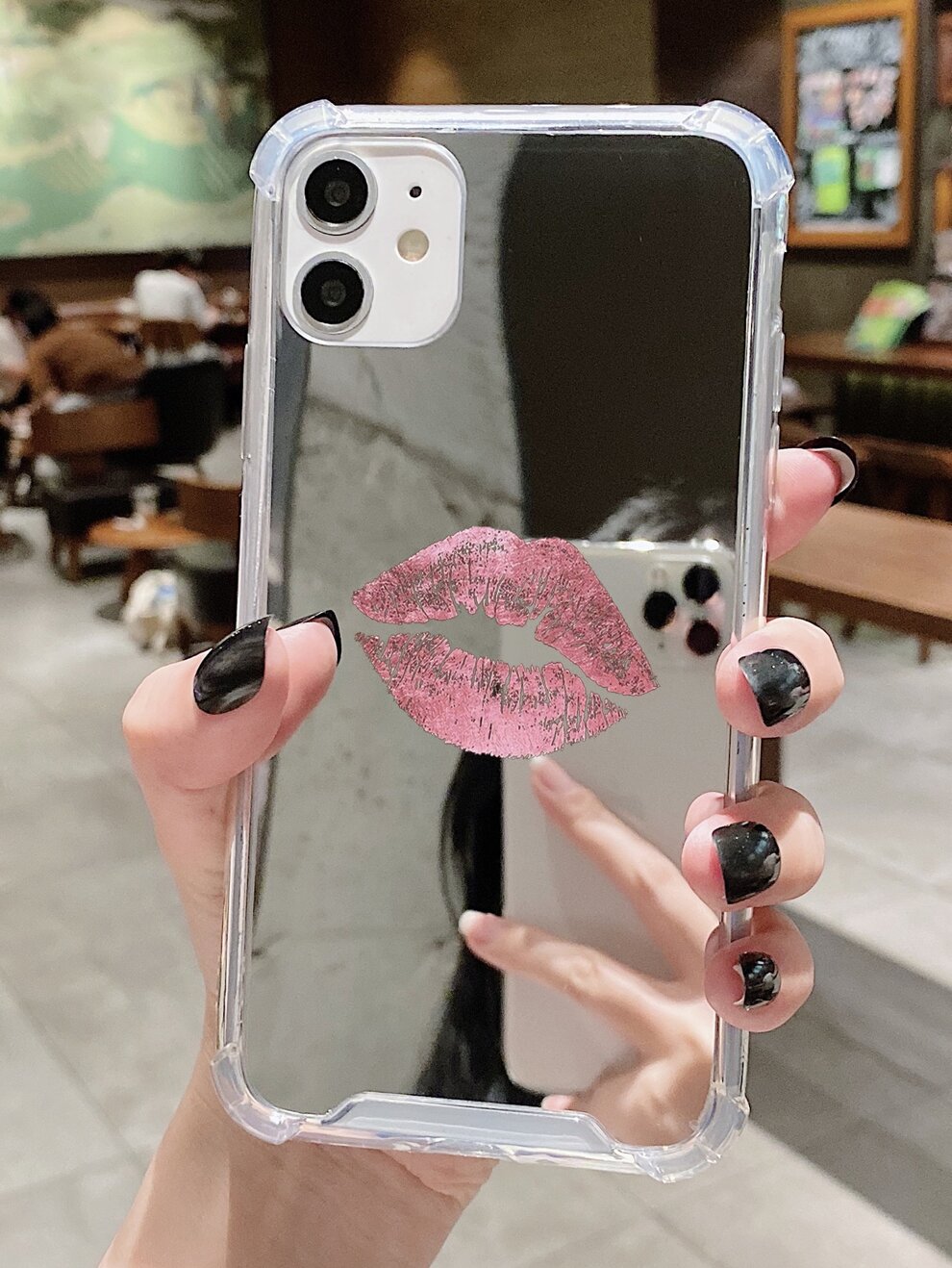 1 Pink Lip Print Pattern Acrylic Electroplated Mirror Phone Case Compatible With IPhone