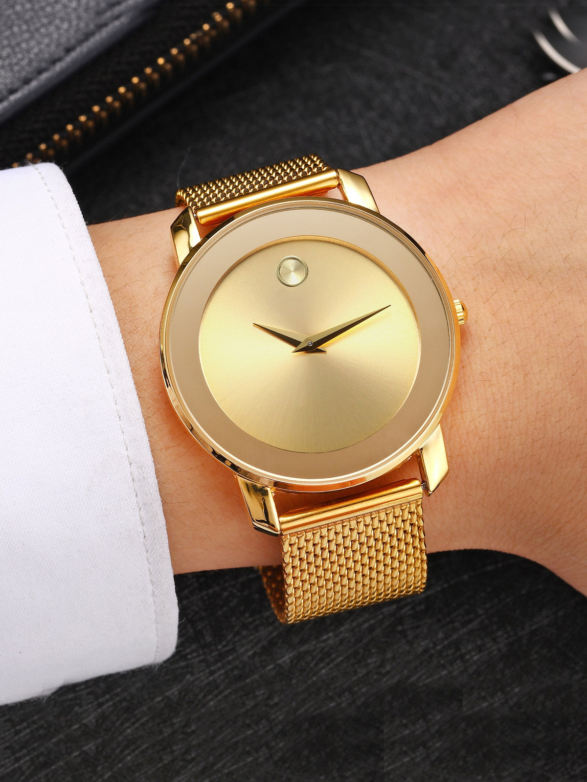 Fashionable Simple Watch With Mesh Strap, Classic Waterproof Gold Round Dial Men's Wristwatch Father