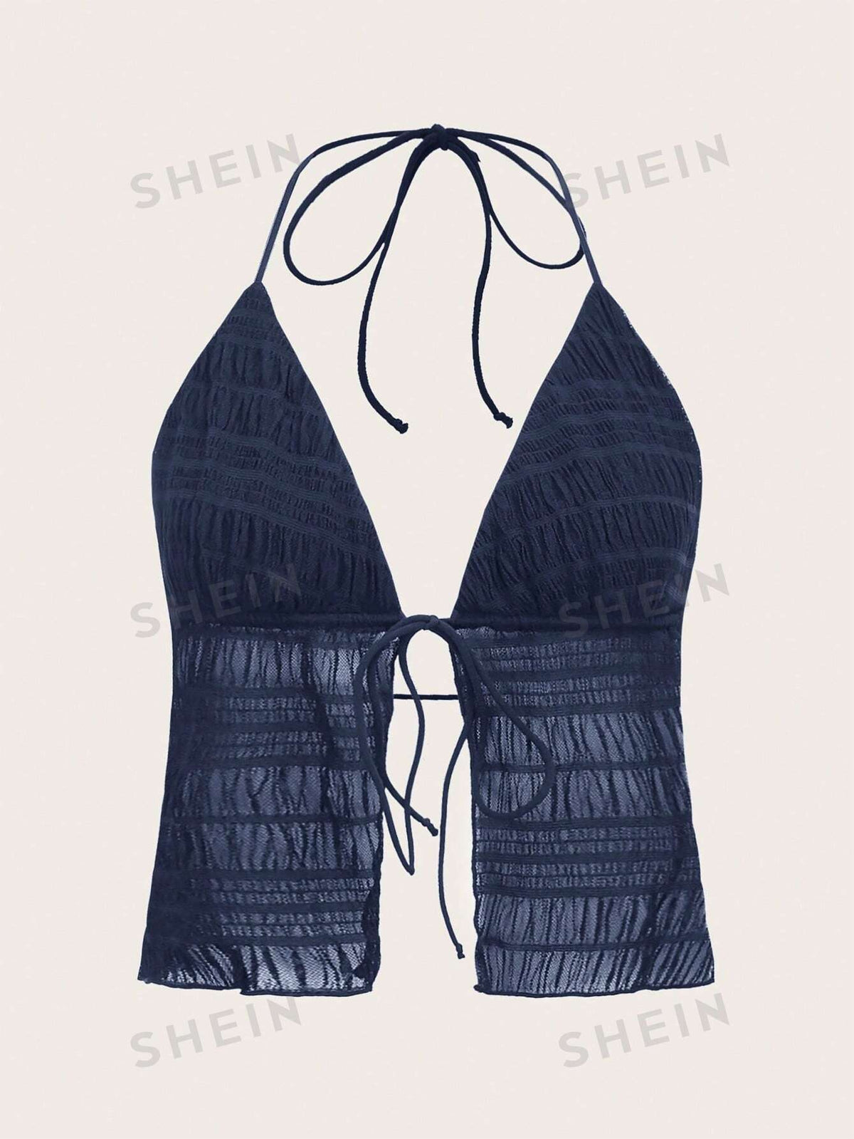 SHEIN ICON Tie Front Mesh Halter Summer Top