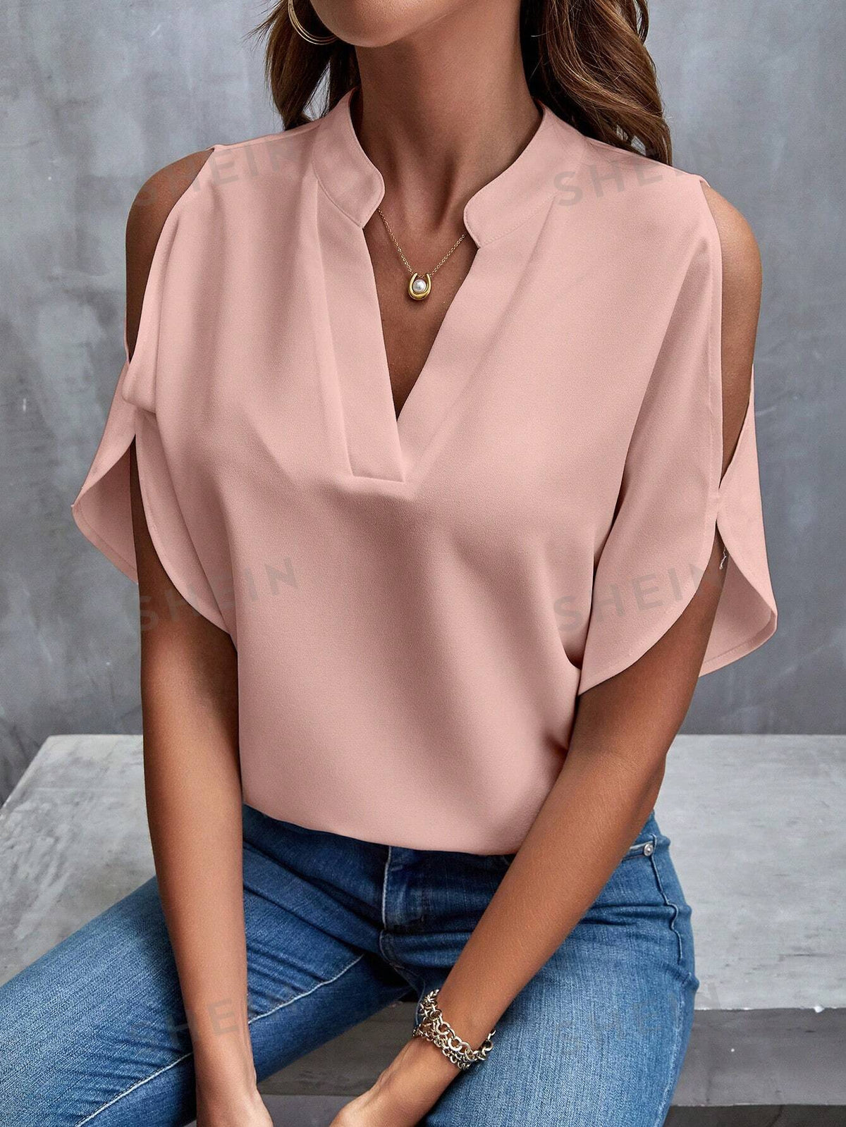 SHEIN LUNE Solid Cold Shoulder Split Sleeve Popover Blouse