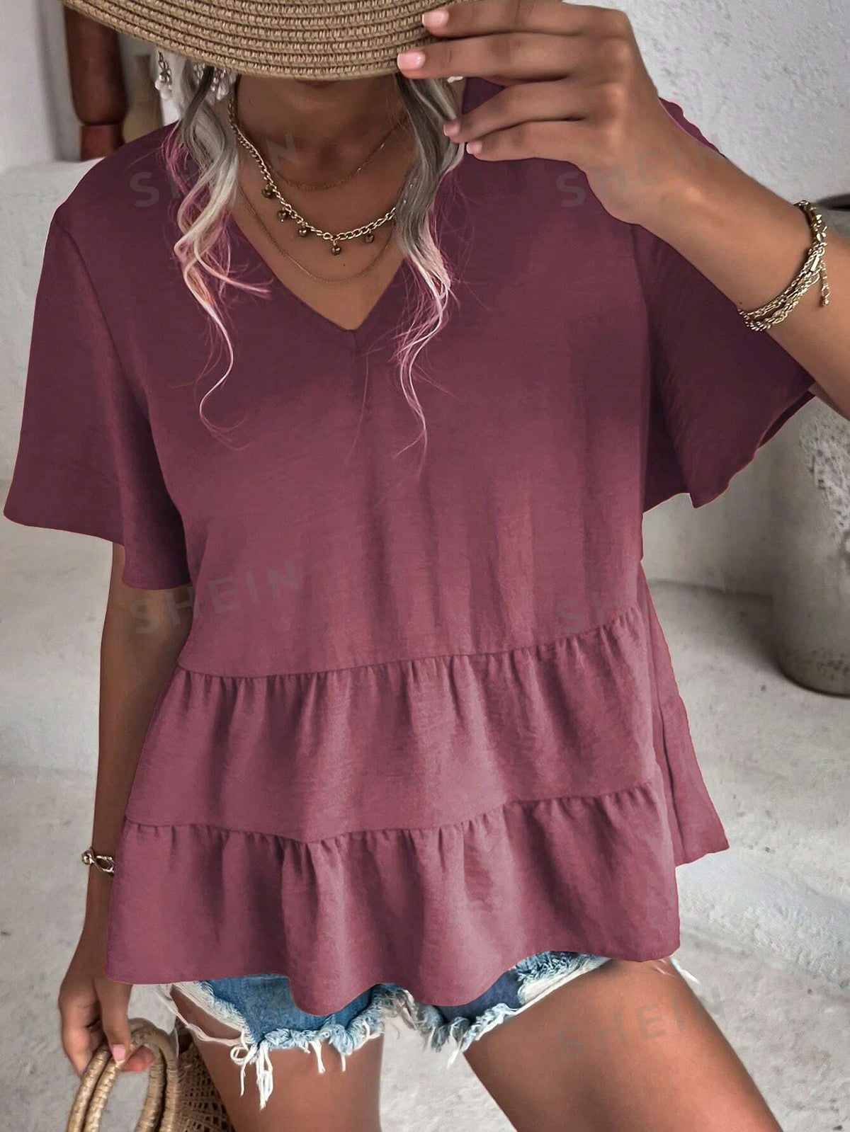 SHEIN VCAY Solid Color V-Neck Ruffle Hem Blouse