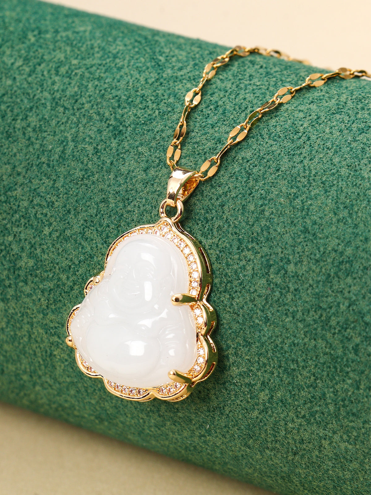 1pc Stainless Steel Chain Iced Out Crystal White Jade Necklace