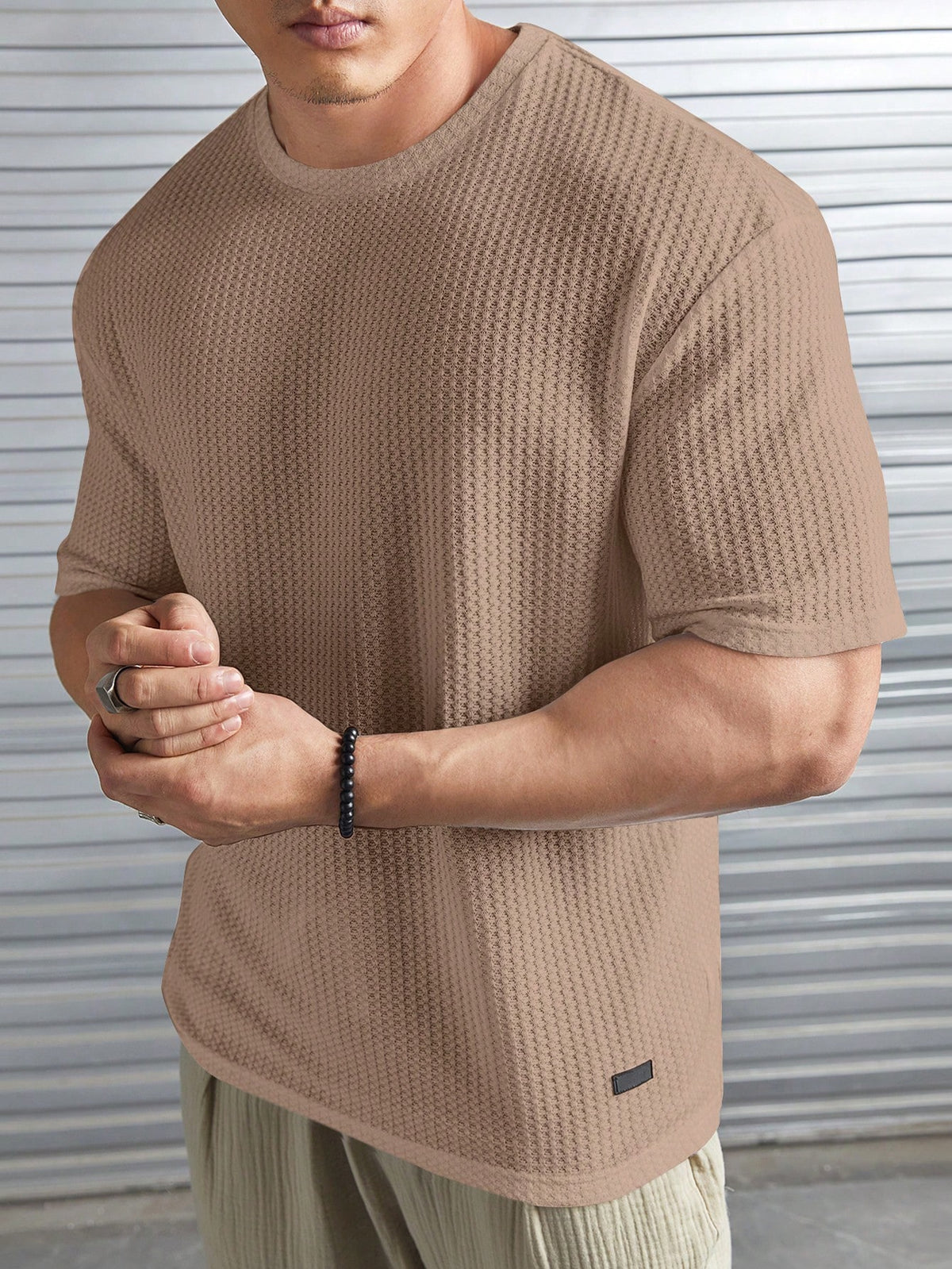 Manfinity Homme Loose-Fit Men's Solid Color Waffle Knit T-Shirt