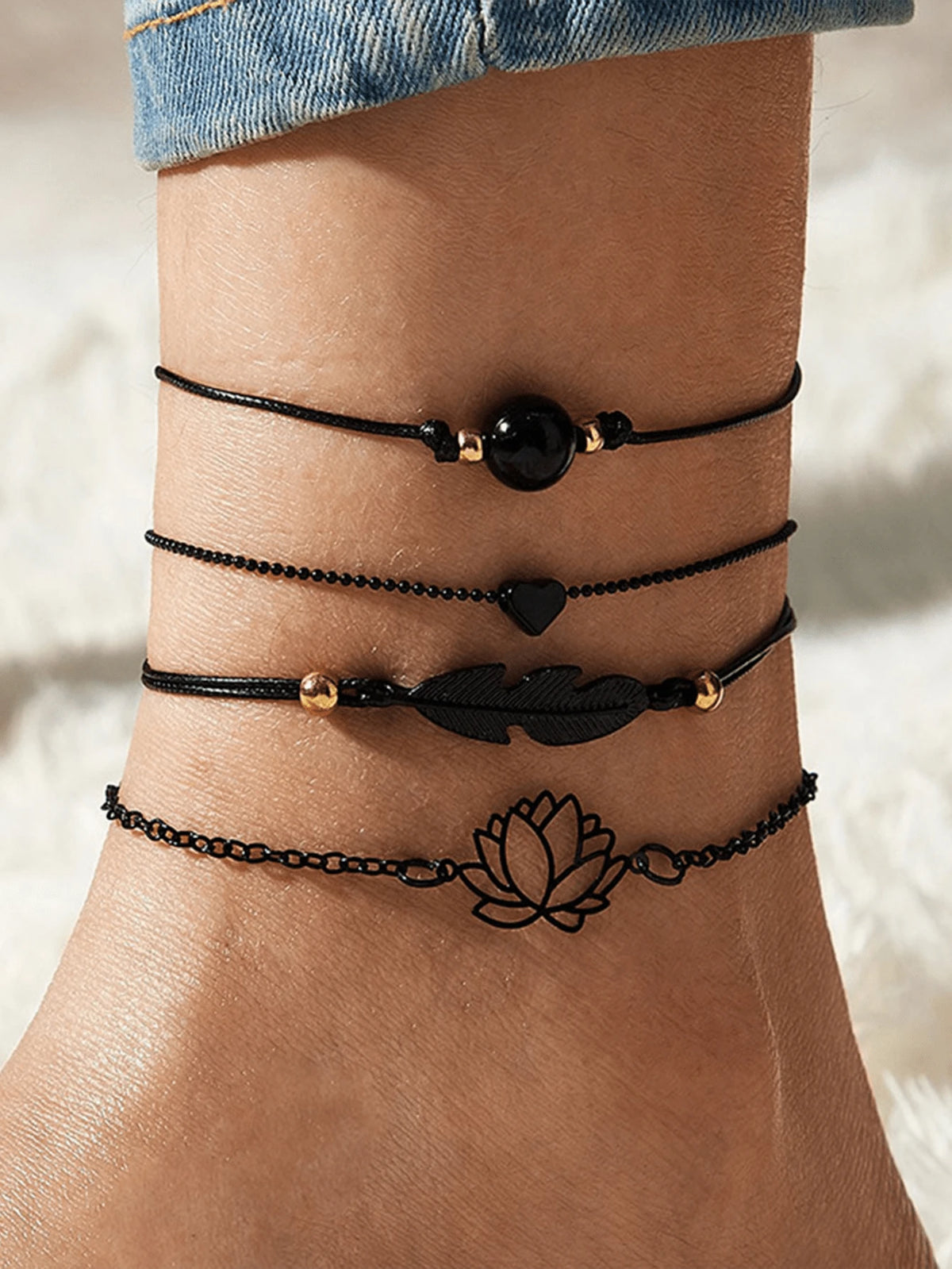 4pcs/set Minimalist Vintage Lotus, Feather, Heart Charm Chain Anklet For Women