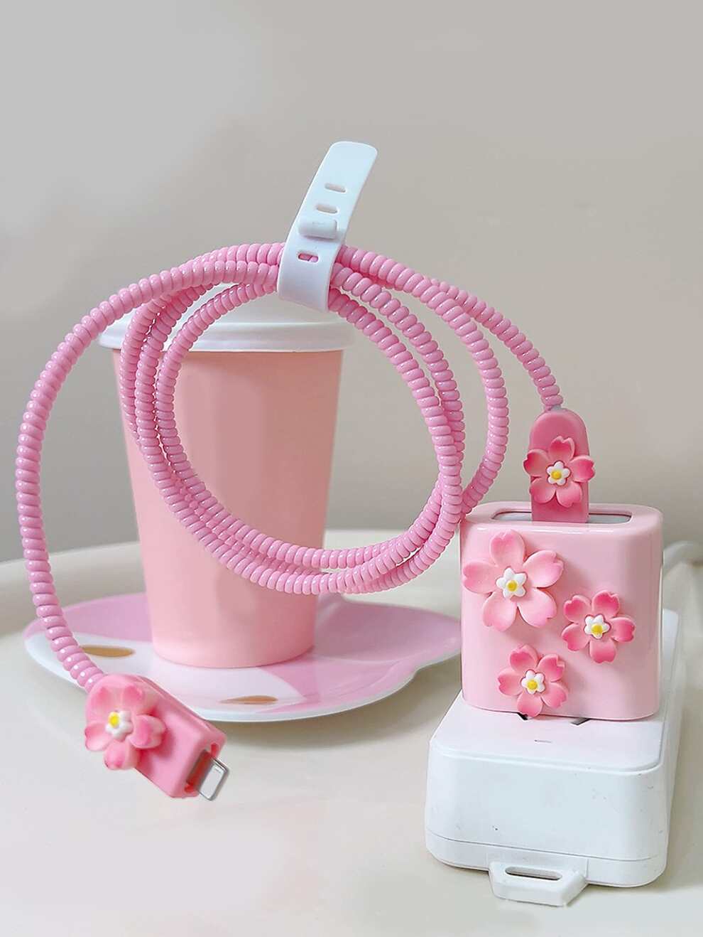 5pcs/set Pink Cherry Blossom Pattern Charging Accessories Kit Include Protective Case, Cord Wrap, 20w Charger Case, Compatible With Iphone 14