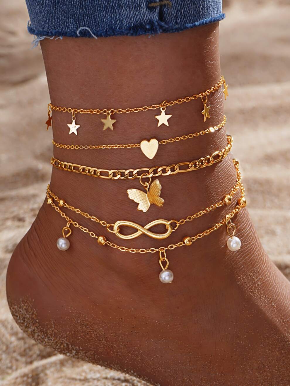 4pcs Elegant & Luxurious Faux Pearl Heart & Butterfly Pendants Women's Fashionable Anklet Set