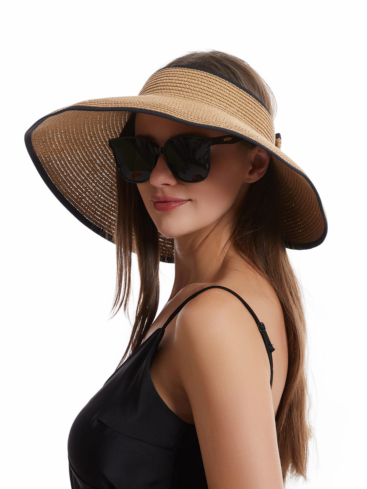 Sun Visor Hats For Women Wide Brim Straw Roll-Up Ponytail Summer Beach Hat UV UPF Packable Foldable Travel Bow