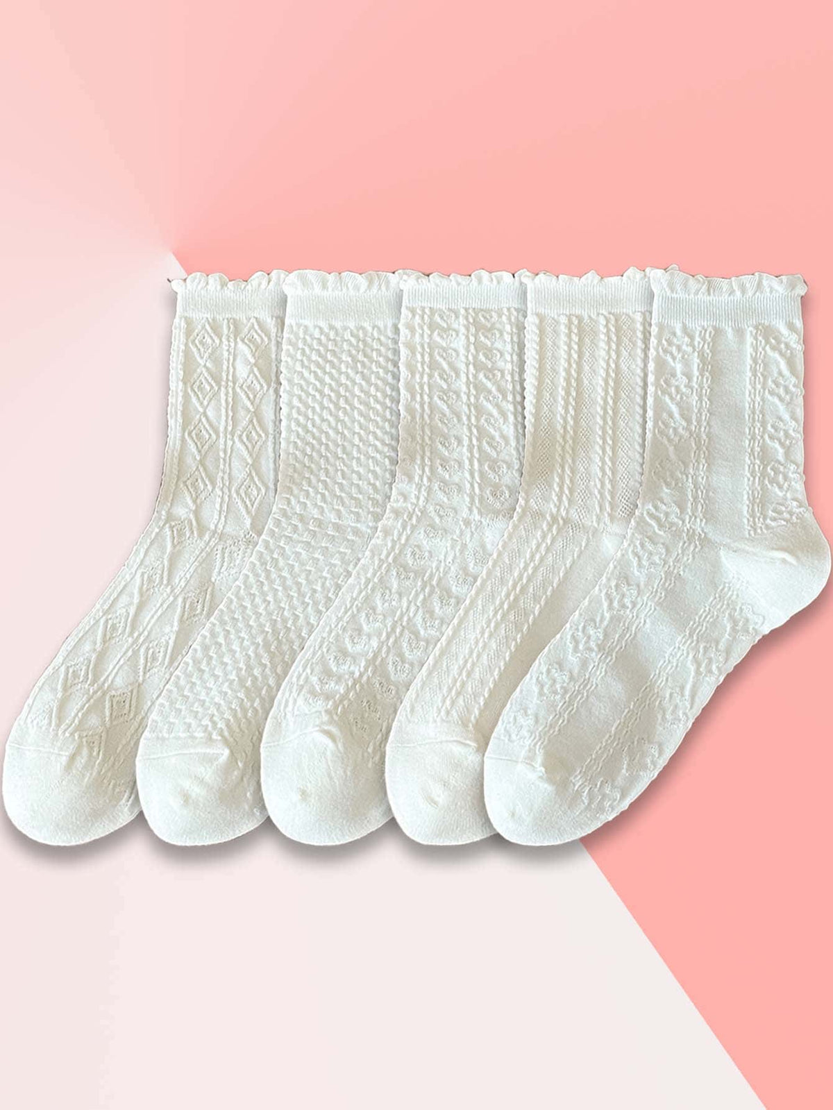 5 Pairs Of Women Pure Black & White Long Tube Lace Breathable Mesh Pile Socks, Sweet Girl Academy Style JK All-Match Mid Calf Socks