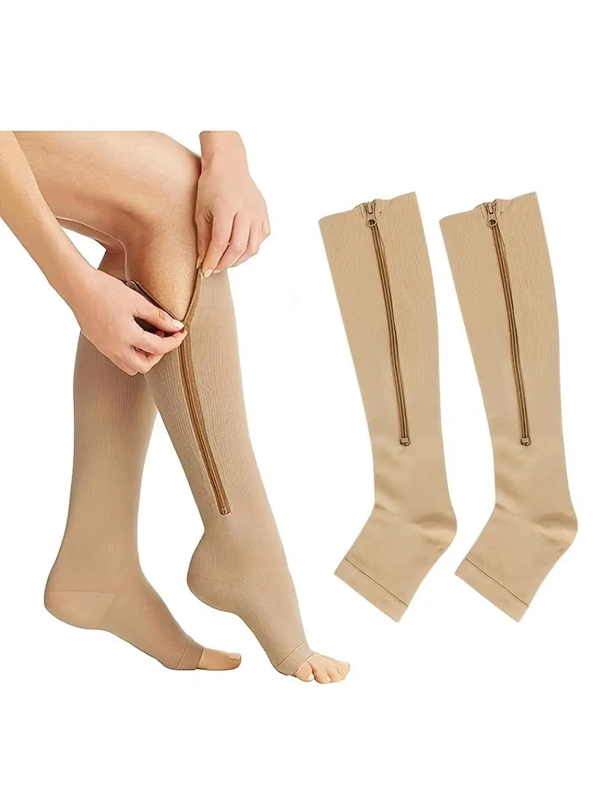 1pair Black Casual Compression Socks With Side Stripes And Zipper Sports