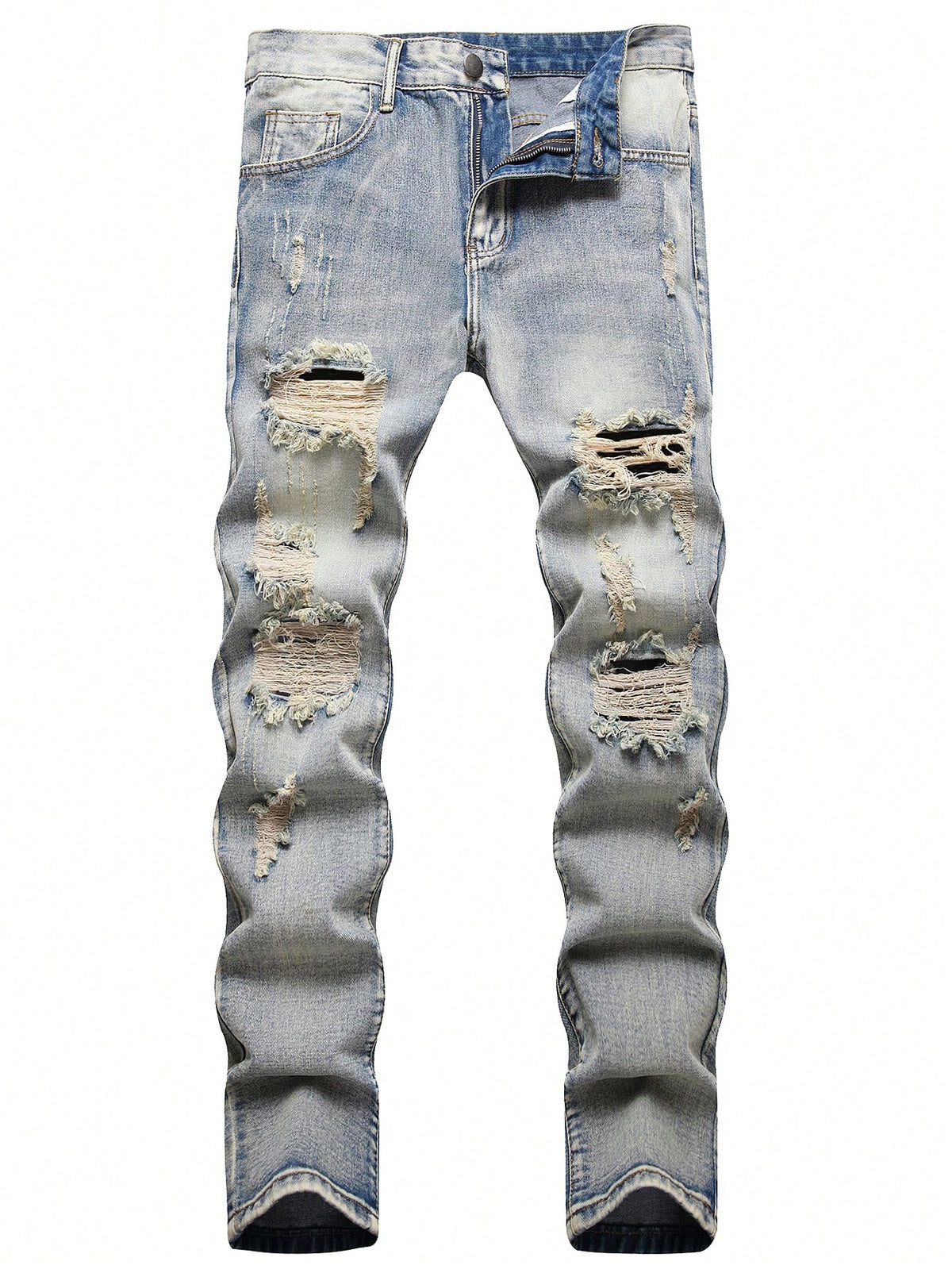 Men Ripped Frayed Bleach Wash Jeans